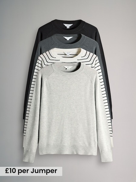 Black/Charcoal/Grey/Black & Cream Stripe - 4 Pack Fine Knit Crew Neck Jumpers (F40254) | £40