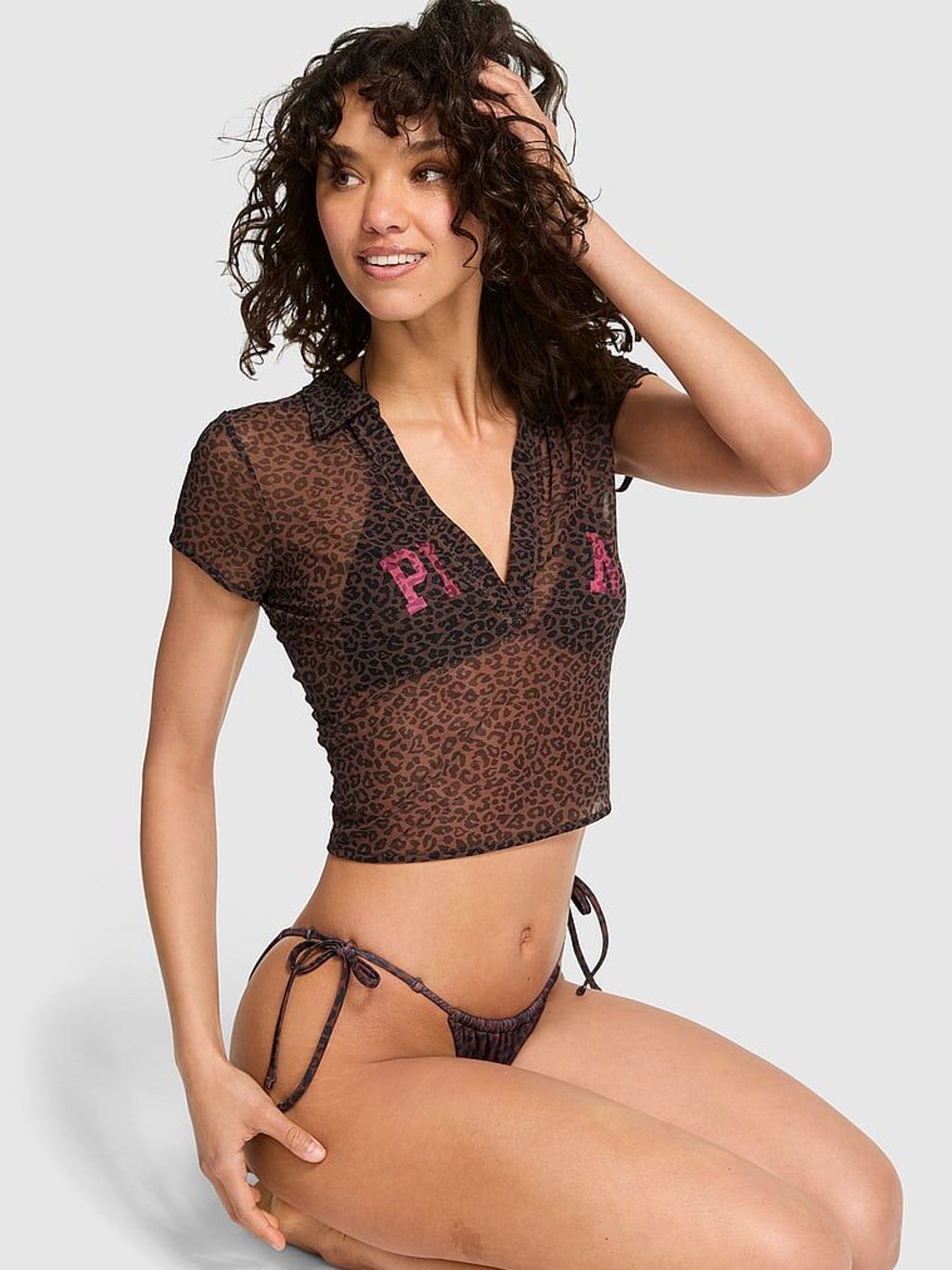 Brown Leopard Mesh Cover Up Crop Top (F40322) | £26