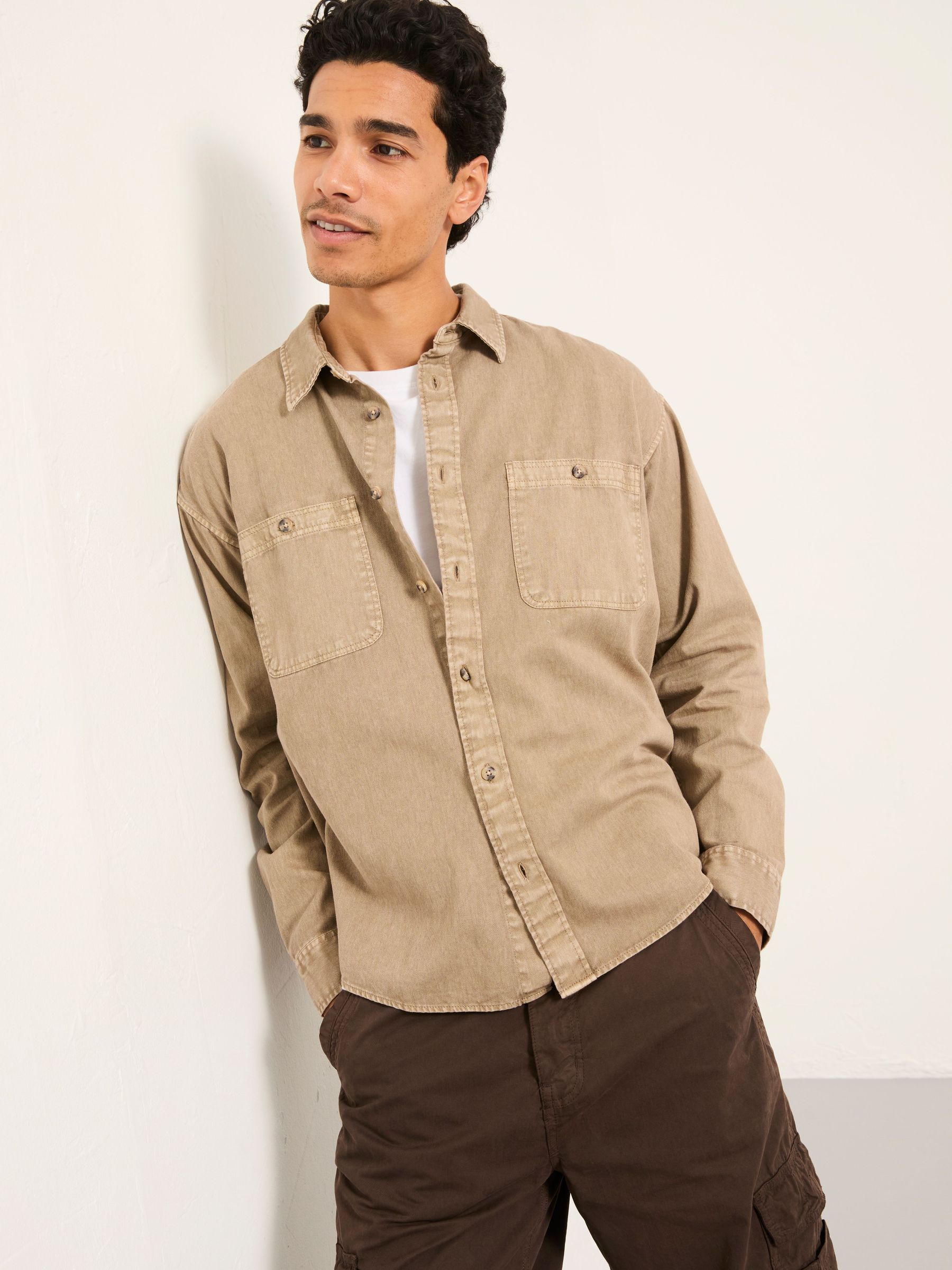 Light Brown Long Sleeve Relaxed Fit Garment Dye Utility Shirt (F40352) | £55