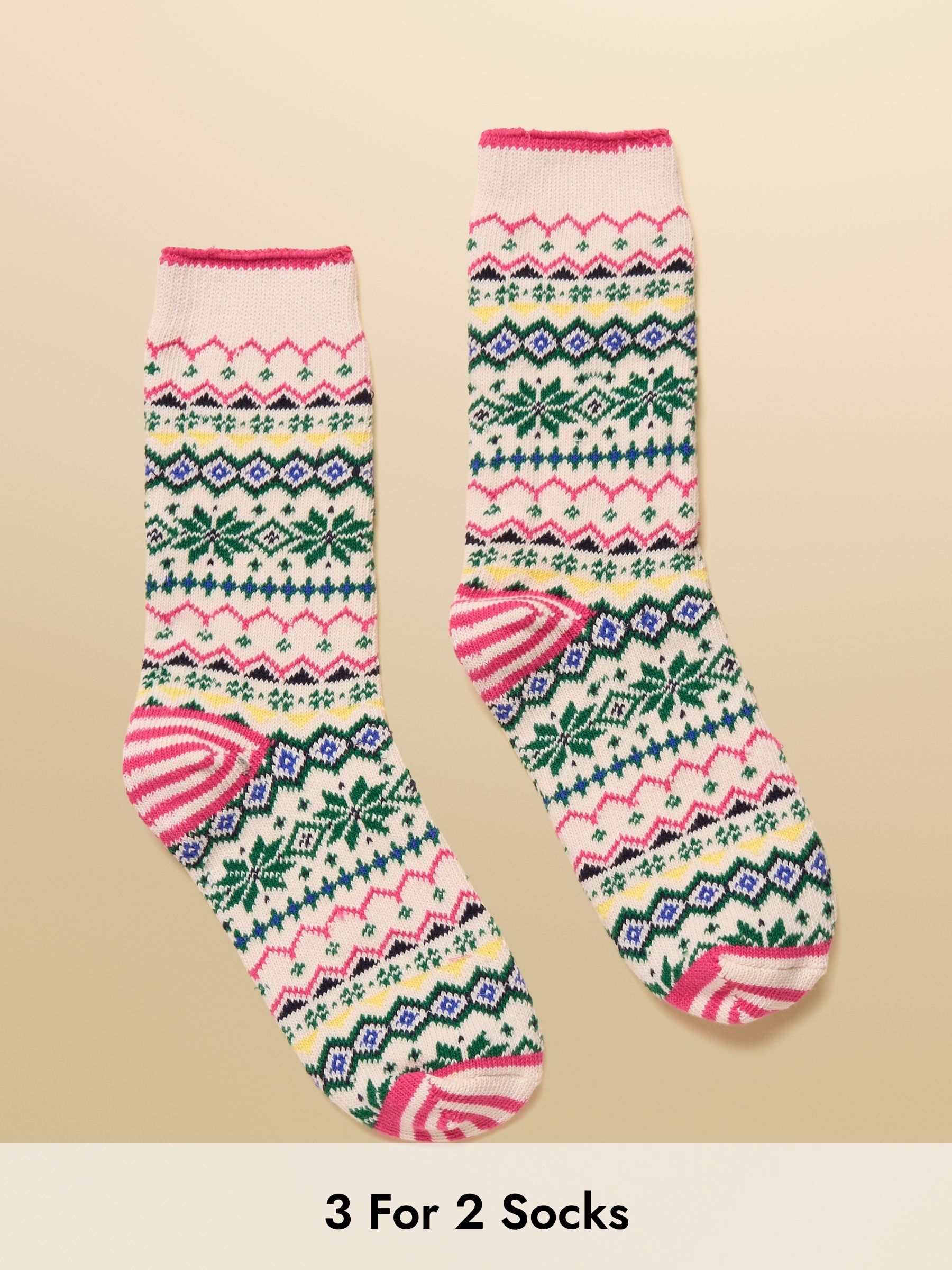 Women's Lucille White & Green Fair Isle Cotton Blend Socks (size 4-8) (F40628) | £9.95