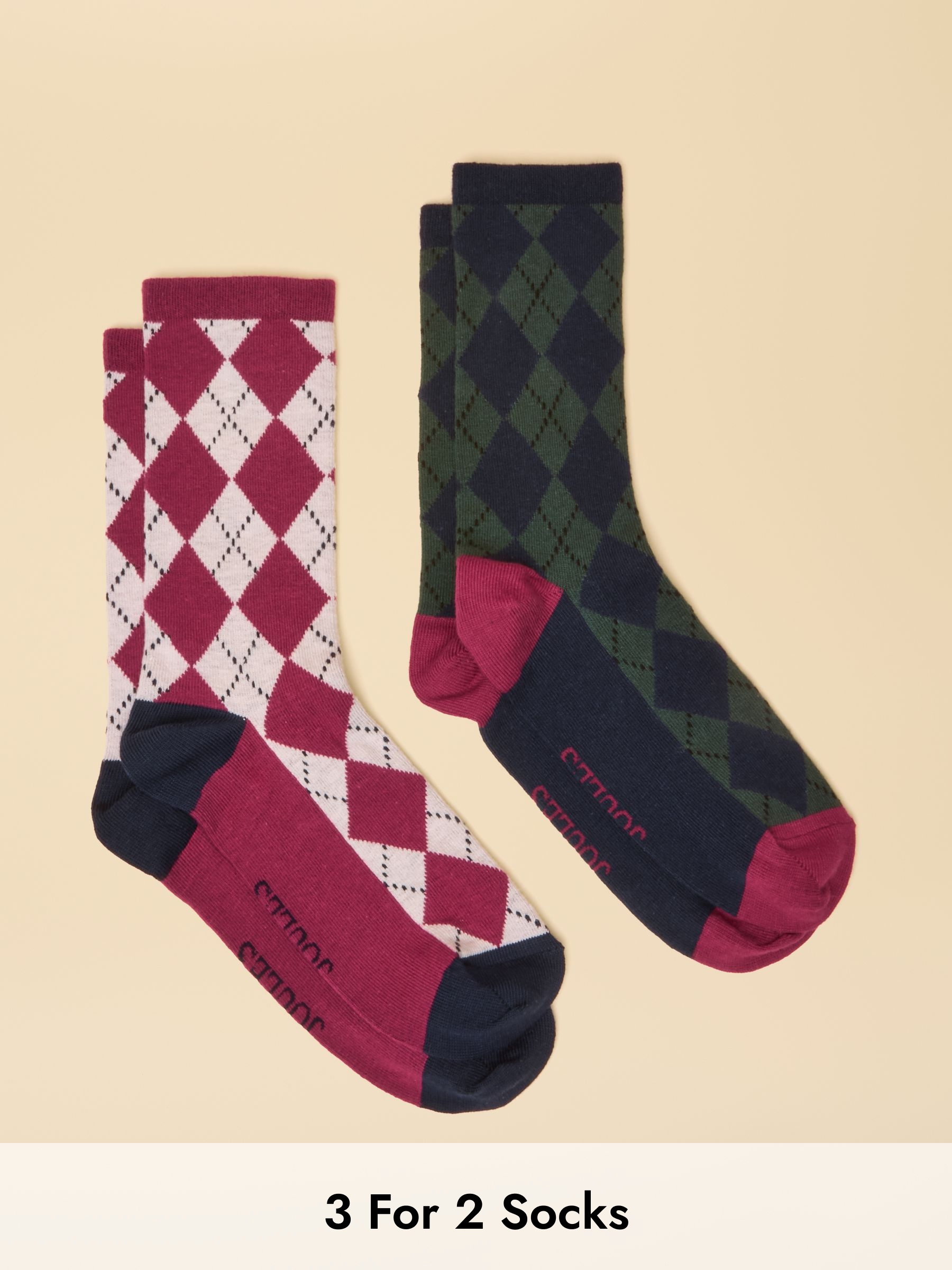 Women's Everyday Green & Berry Argyle Cotton Blend Socks 2 Pack (size 4-8) (F40877) | £9.95