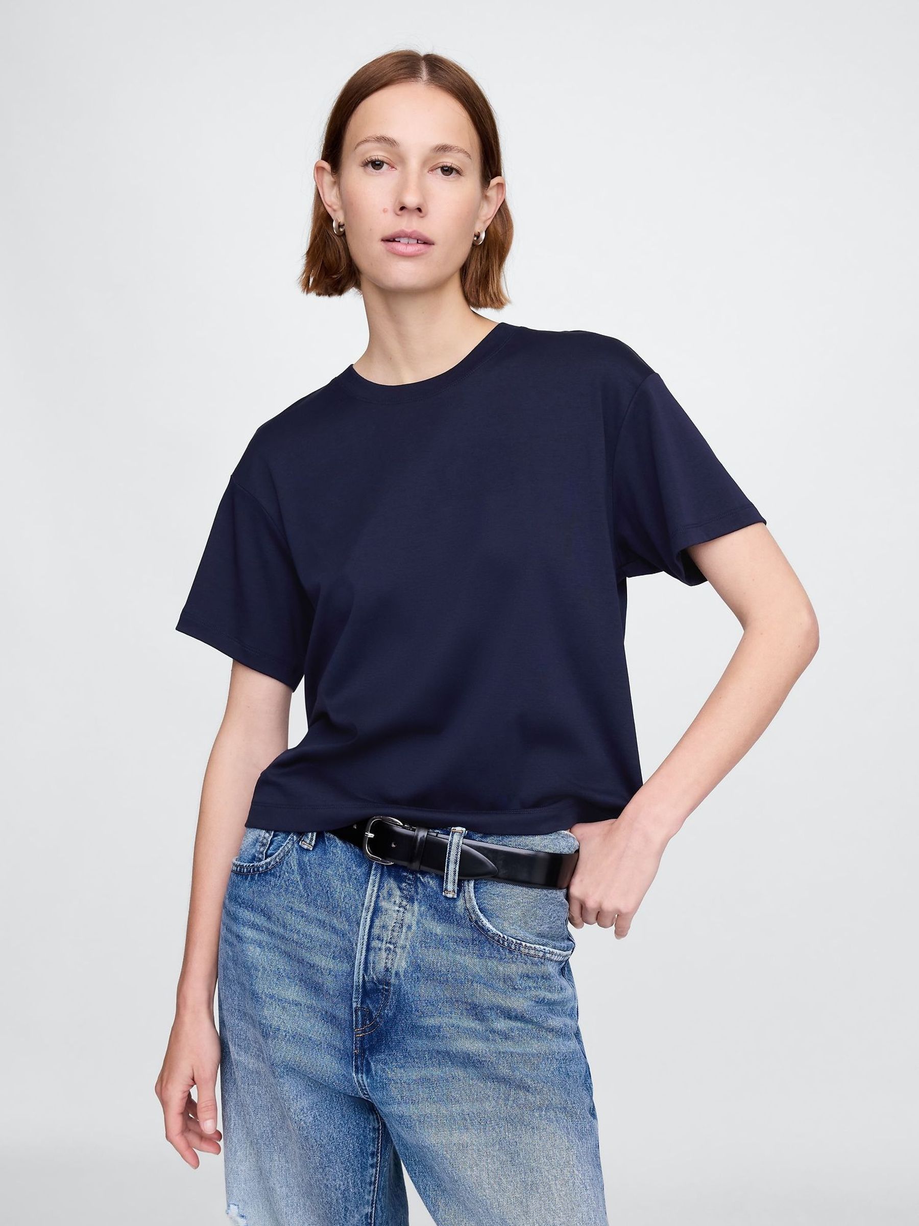 Navy Blue Cotton Short Sleeve Boxy Crew Neck T-Shirt (F41640) | £30