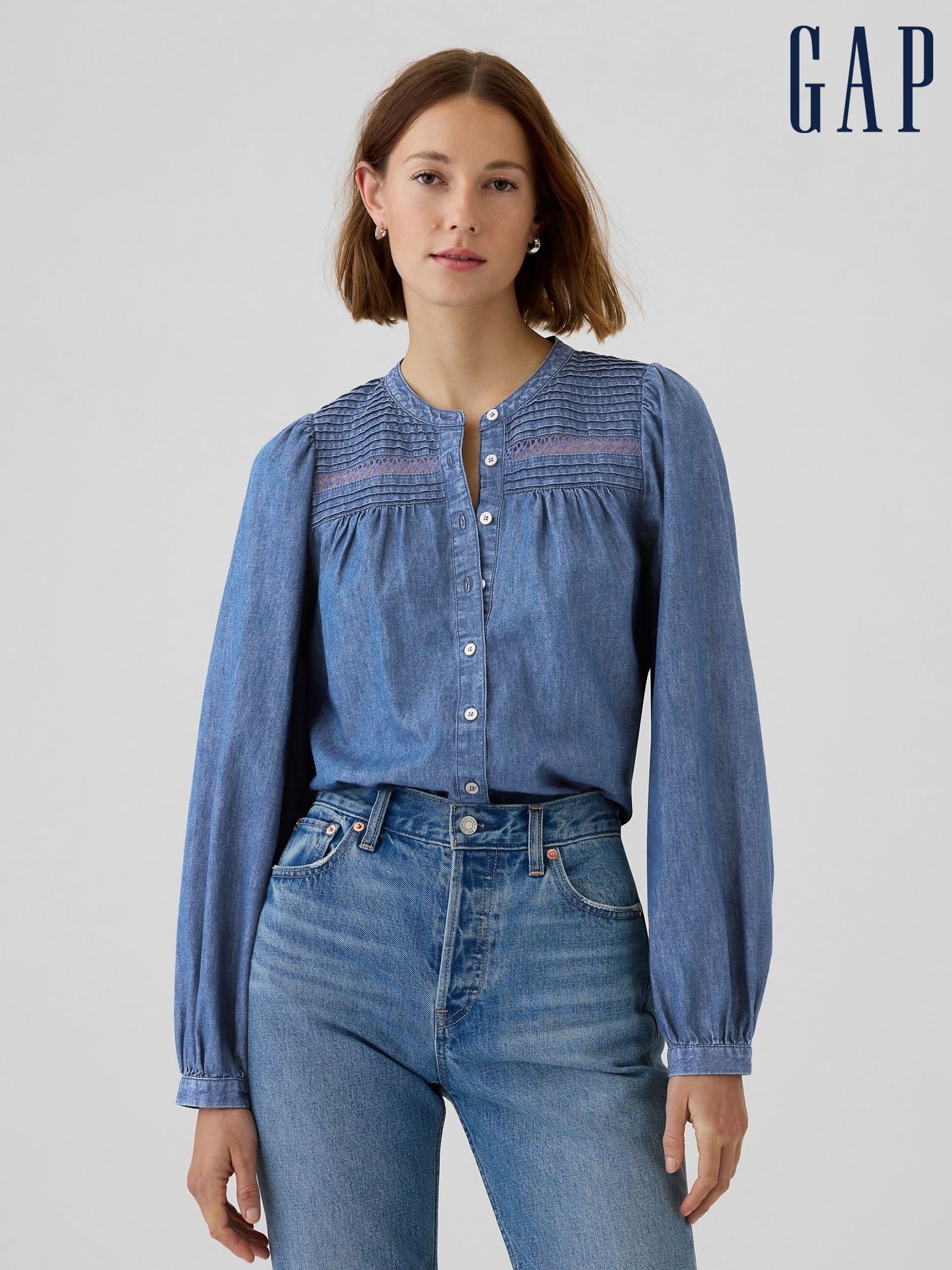 Blue Puff-Sleeve Lace-Trim Denim Shirt (F41641) | £65