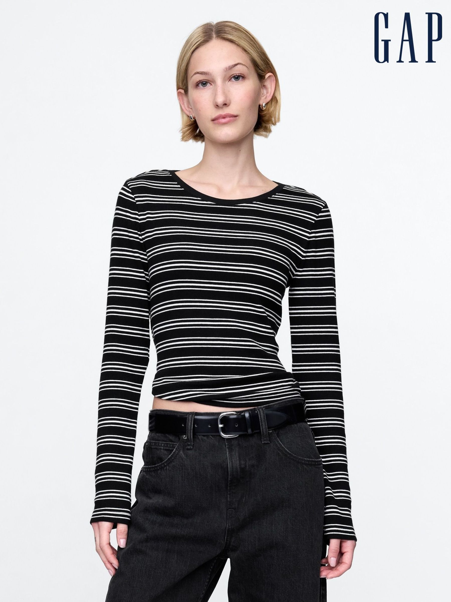 Black Stripe Long Sleeve Modern Cotton-Modal Crew Neck T-Shirt (F41646) | £30