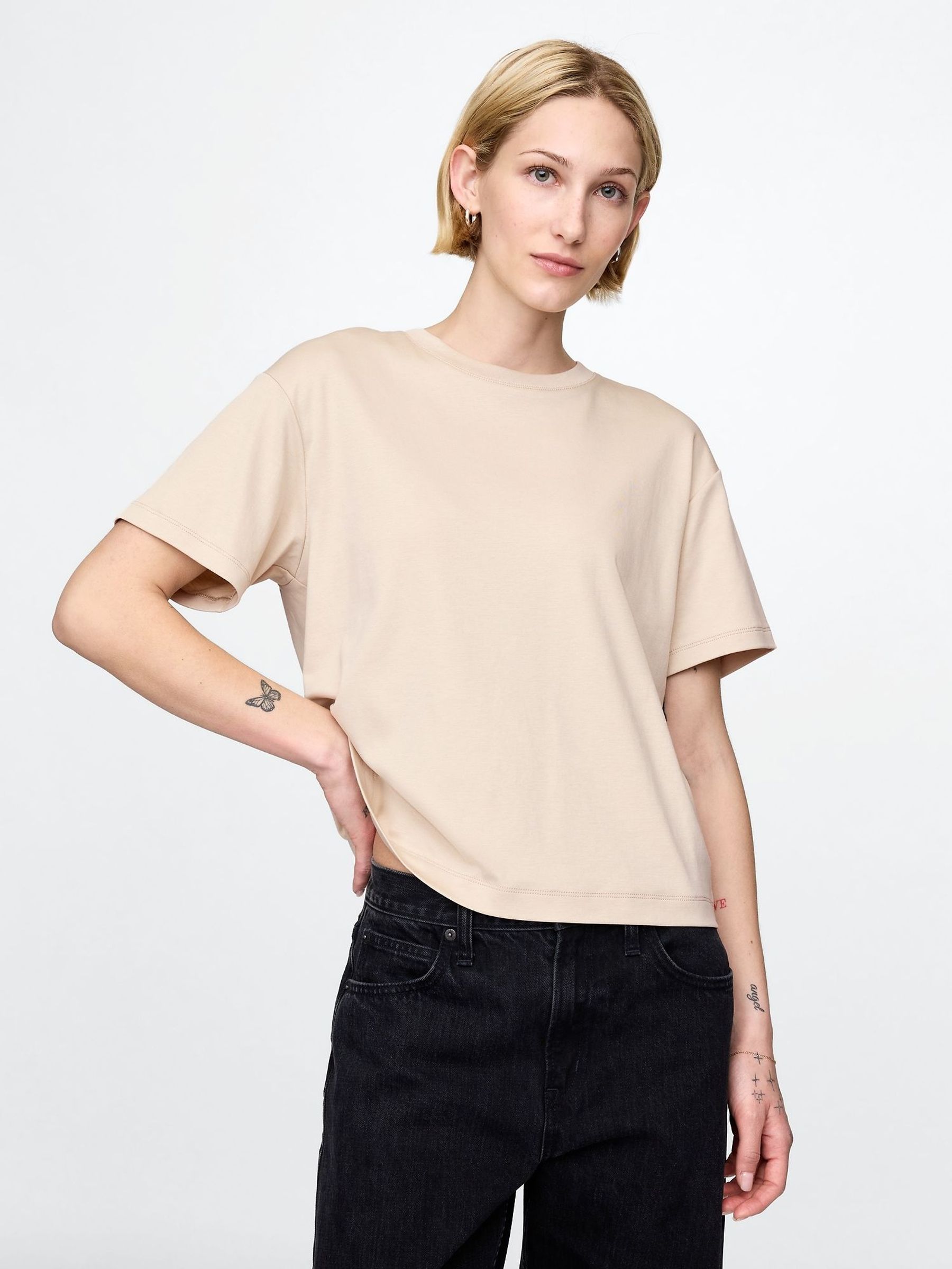 Beige Cotton Short Sleeve Boxy Crew Neck T-Shirt (F41652) | £30