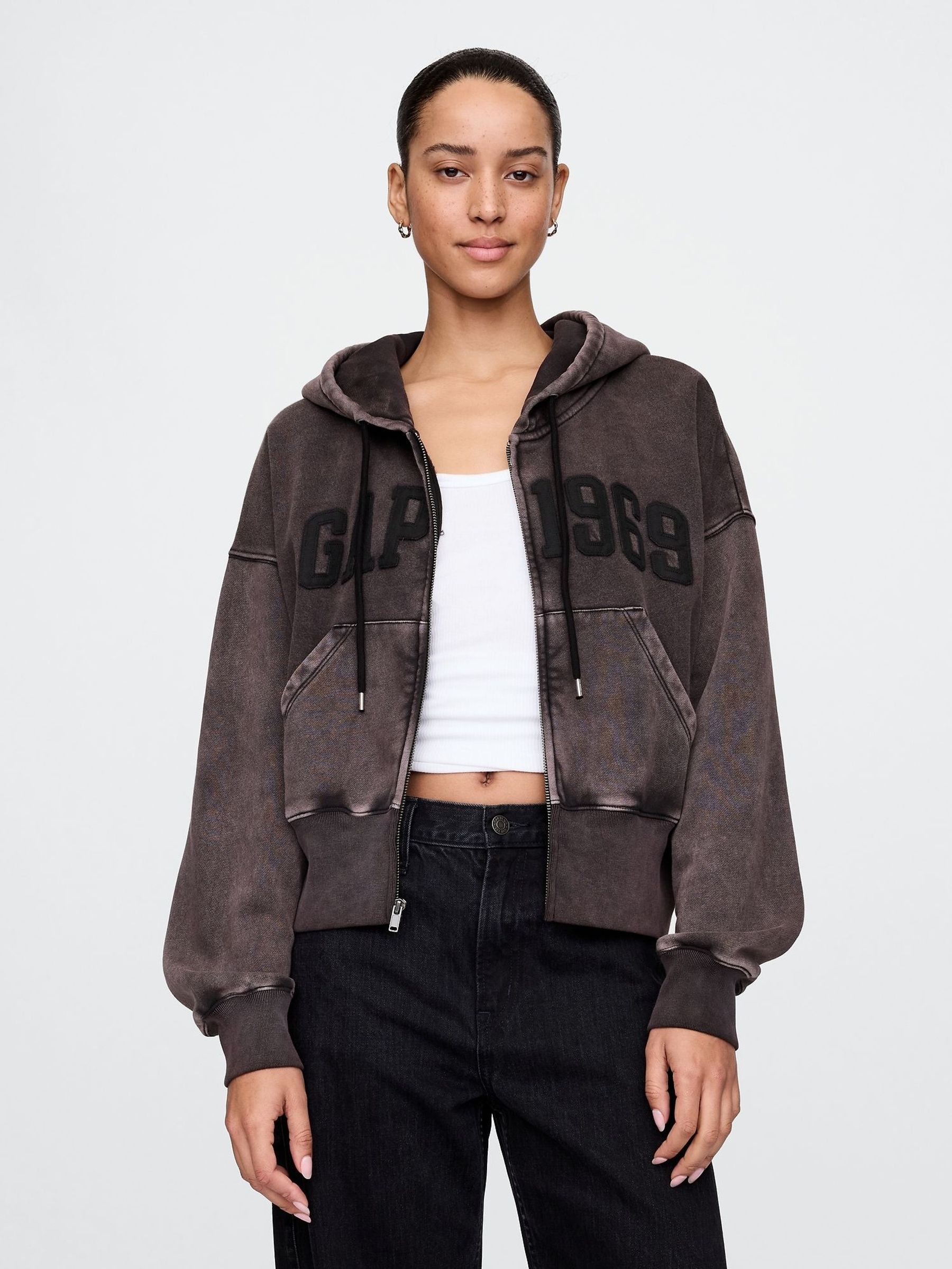 Washed Black Vintage Soft Full-Zip Wedge Hoodie (F41679) | £50