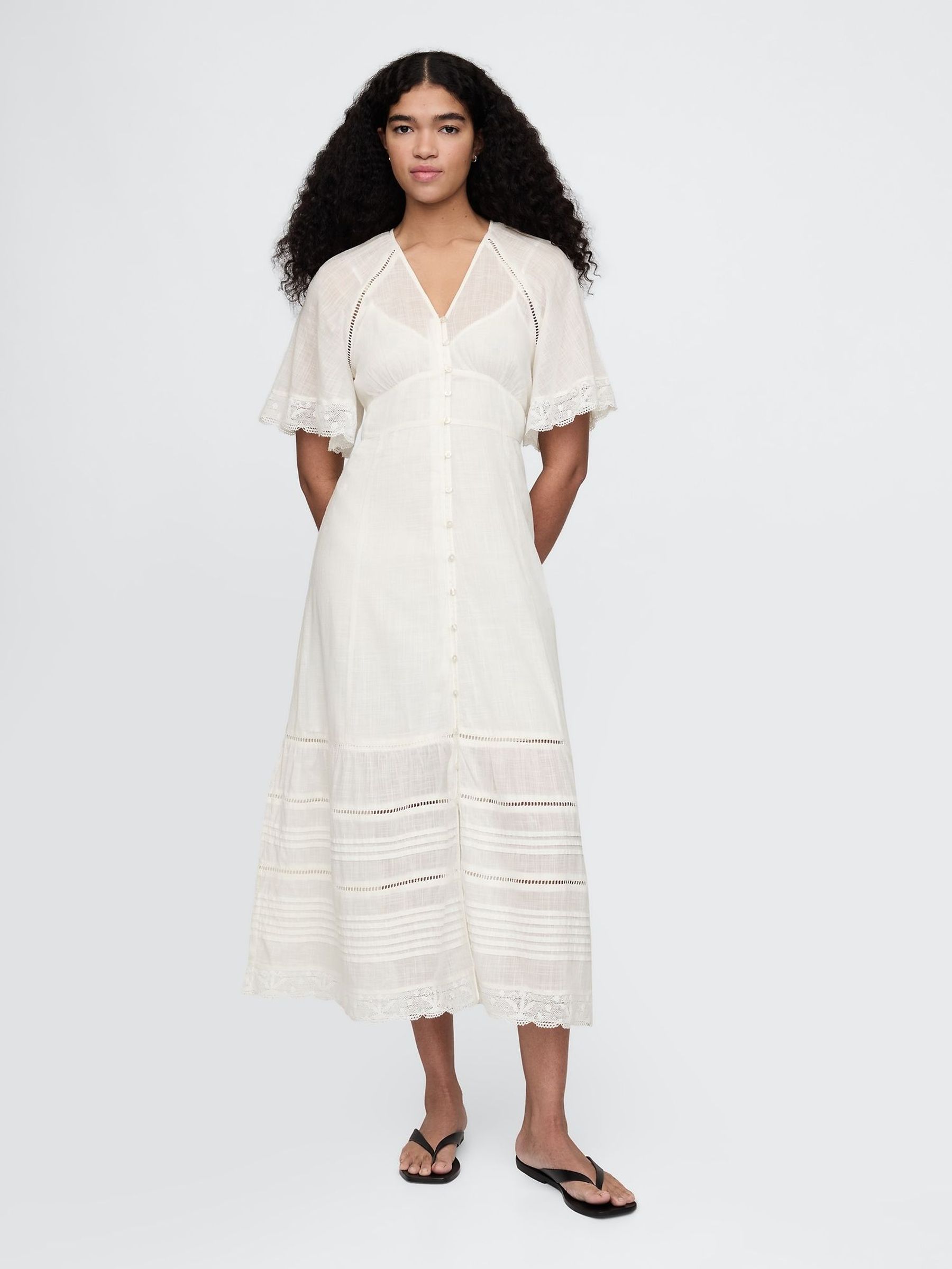 White 100% Cotton V-Neck Lace-Trim Midi Dress (F41680) | £95