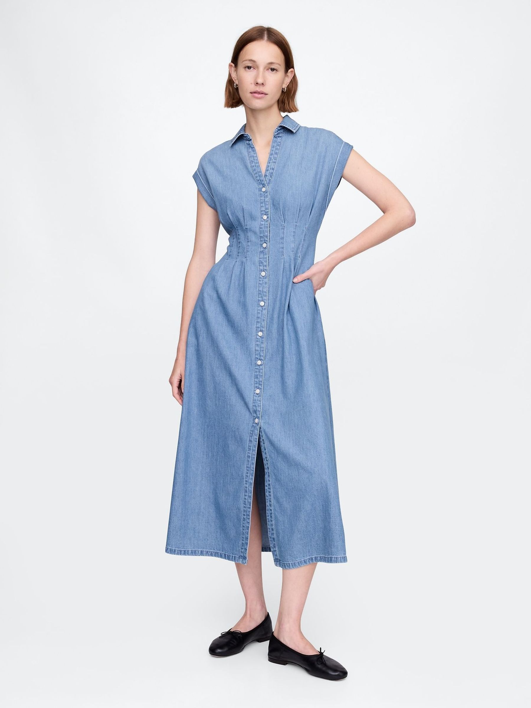 Blue Denim Pleated Maxi Shirt Dress (F41682) | £65