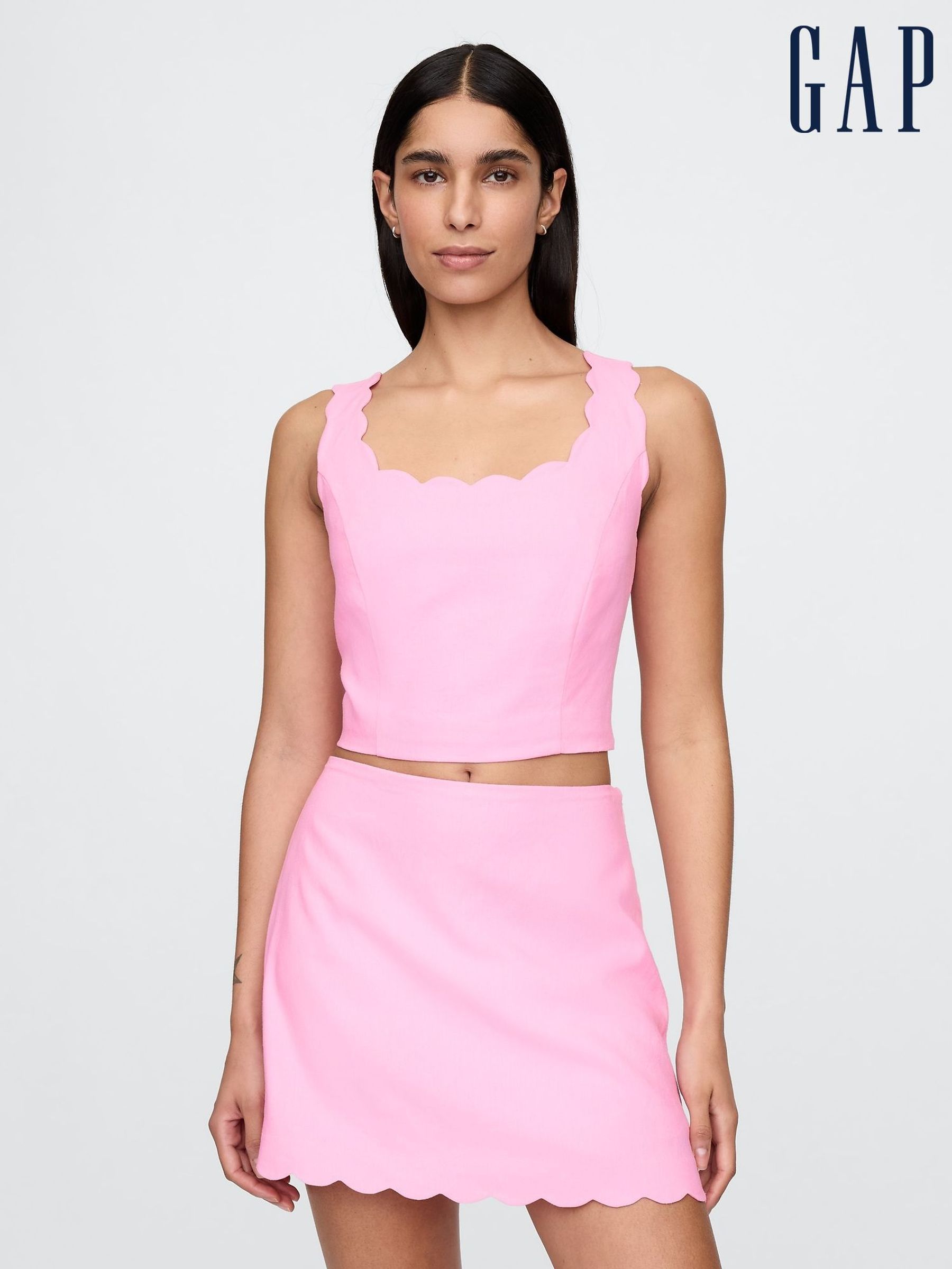 Pink Heavyweight Linen-Blend Scalloped Cropped Top (F41693) | £50