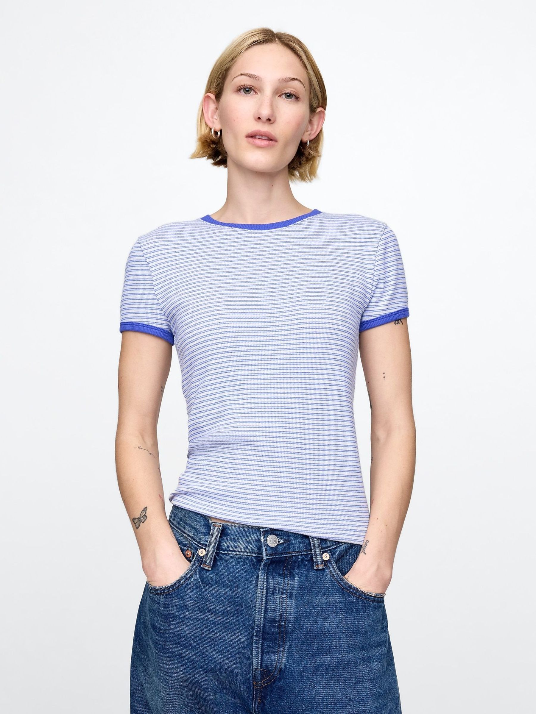 Blue Modern Cotton-Modal Short Sleeve Ribbed Cropped Striped T-Shirt (F41697) | £25