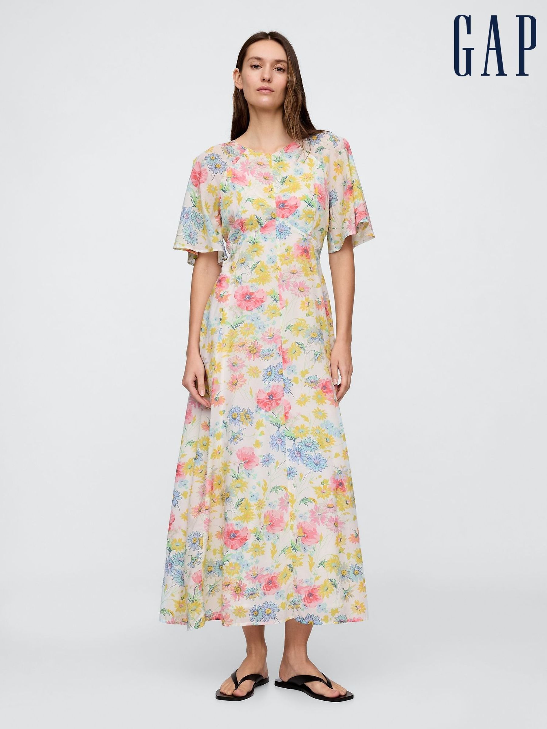 White Floral Voile Flutter-Sleeve Maxi Dress (F41701) | £90