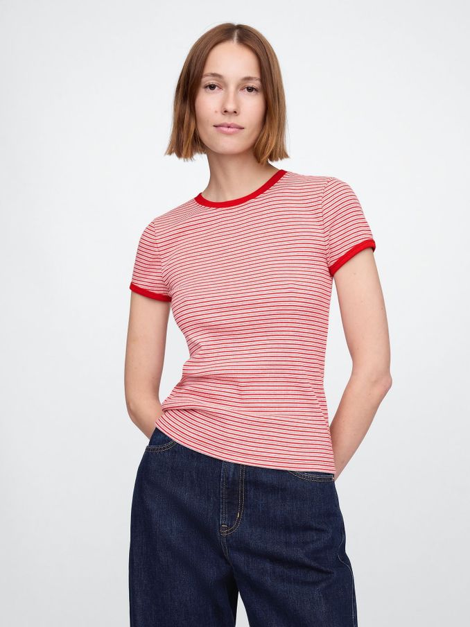 Red Modern Cotton-Modal Short Sleeve Ribbed Cropped Striped T-Shirt (F41702) | £25