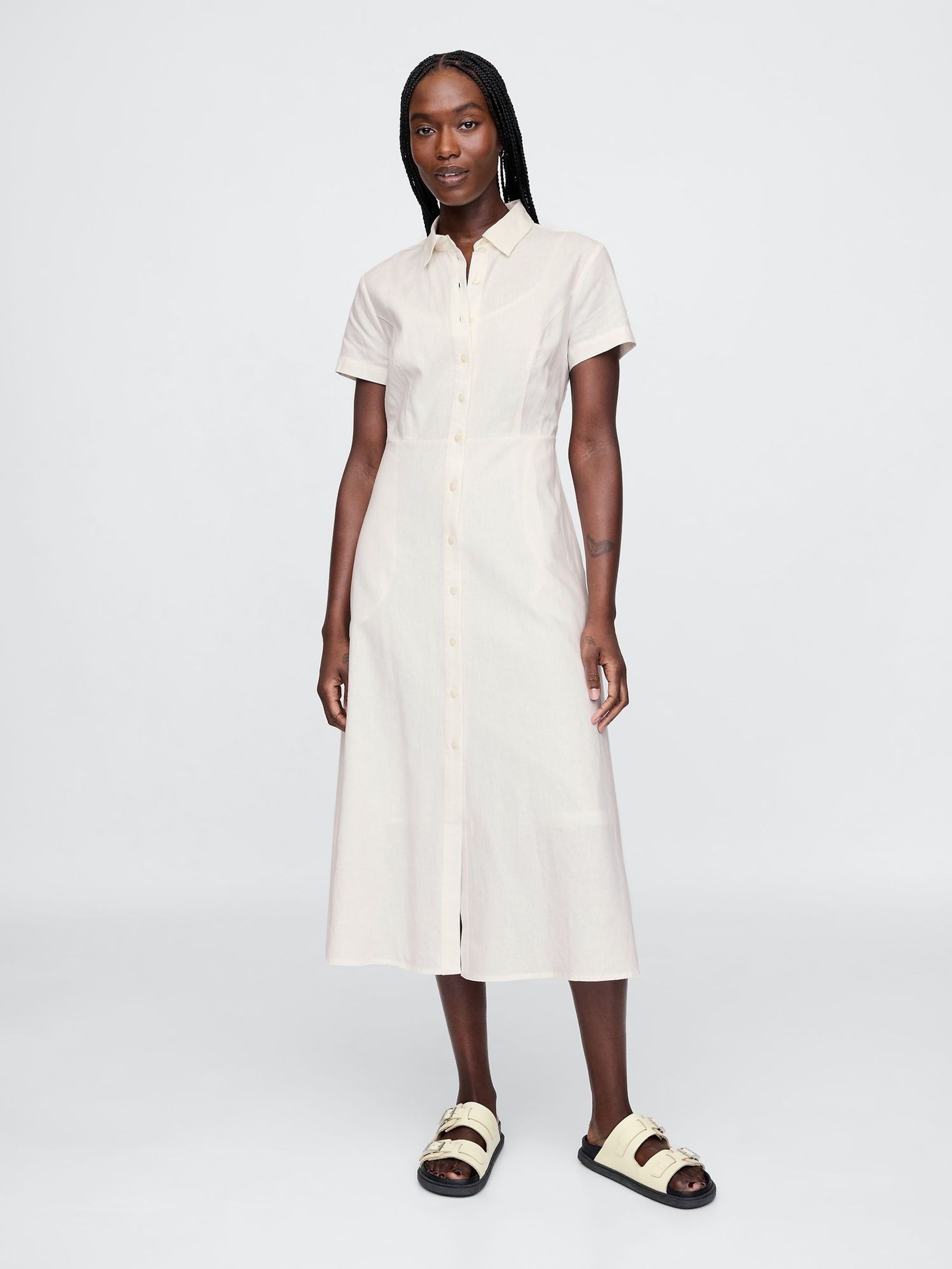White Heavyweight Linen-Blend Midi Shirt Dress (F41704) | £85