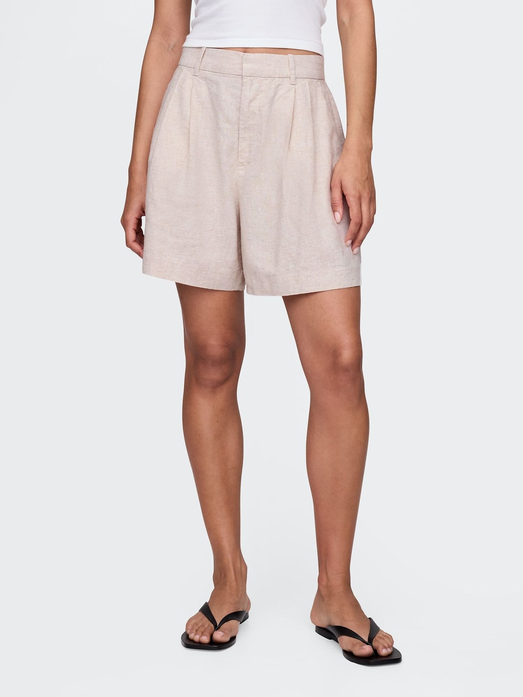 Beige Heavyweight High Waisted Linen-Blend Shorts (F41705) | £40