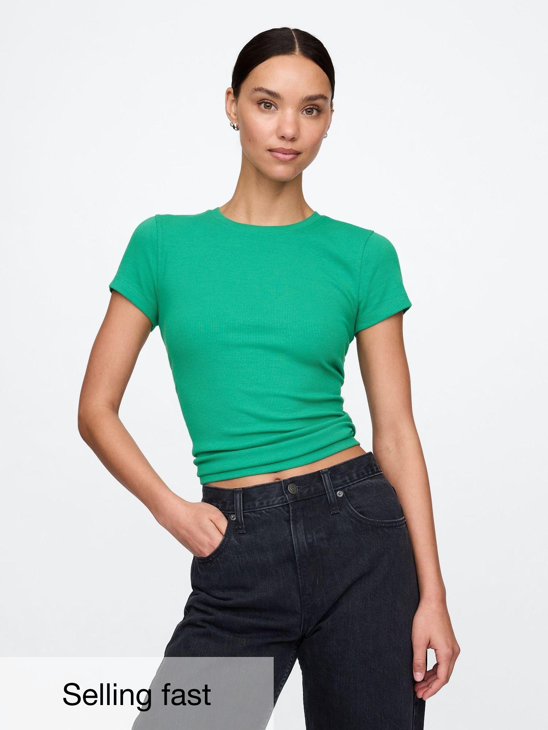 Green Modern Cotton-Modal Short Sleeve Ribbed Cropped T-Shirt (F41706) | £16