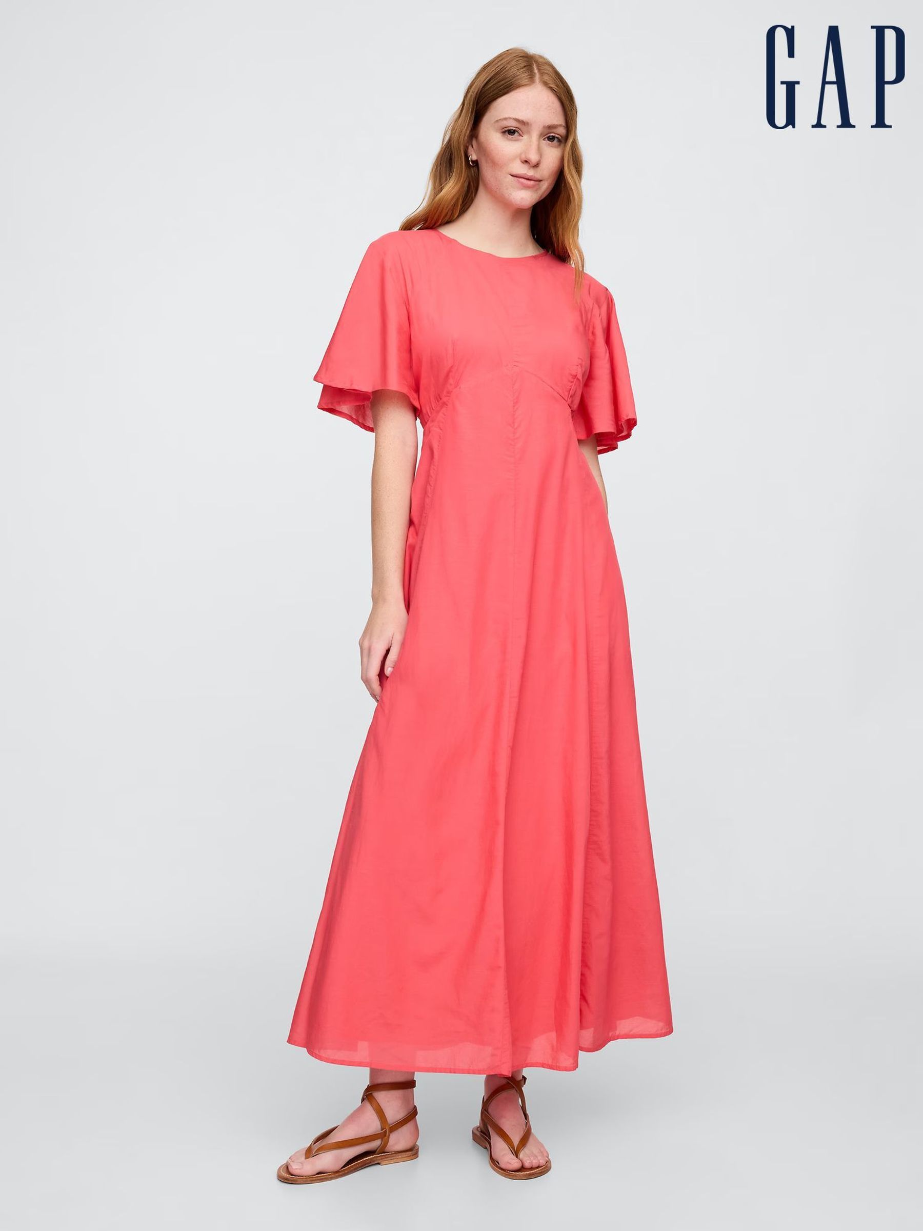 Coral Pink Voile Flutter-Sleeve Maxi Dress (F41709) | £90