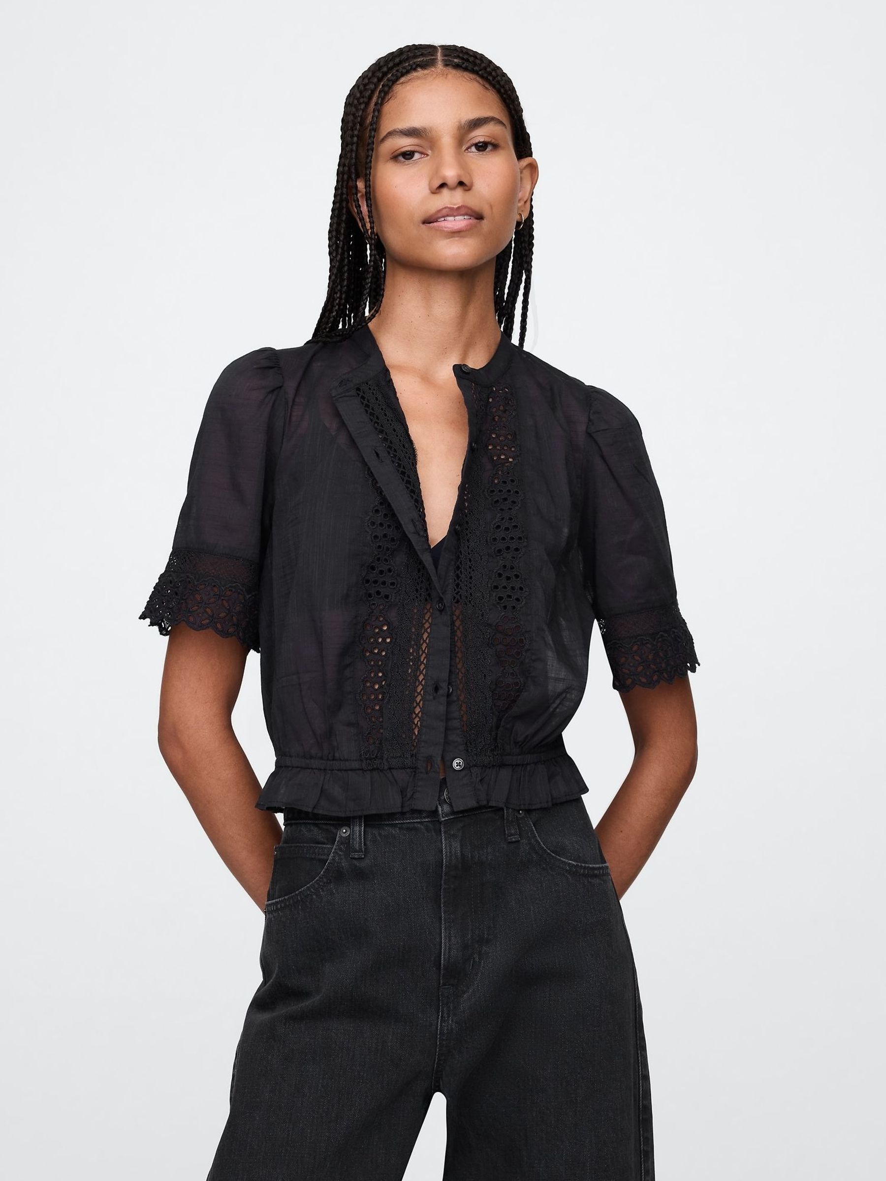 Black Cotton Lace-Trim Puff Sleeve Shirt (F41710) | £45