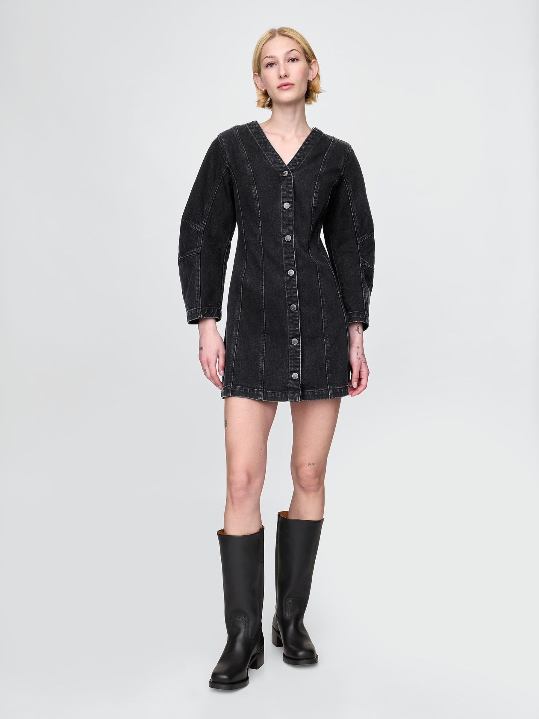 Black Barrel-Sleeve Denim Mini Shirt Dress (F41713) | £70
