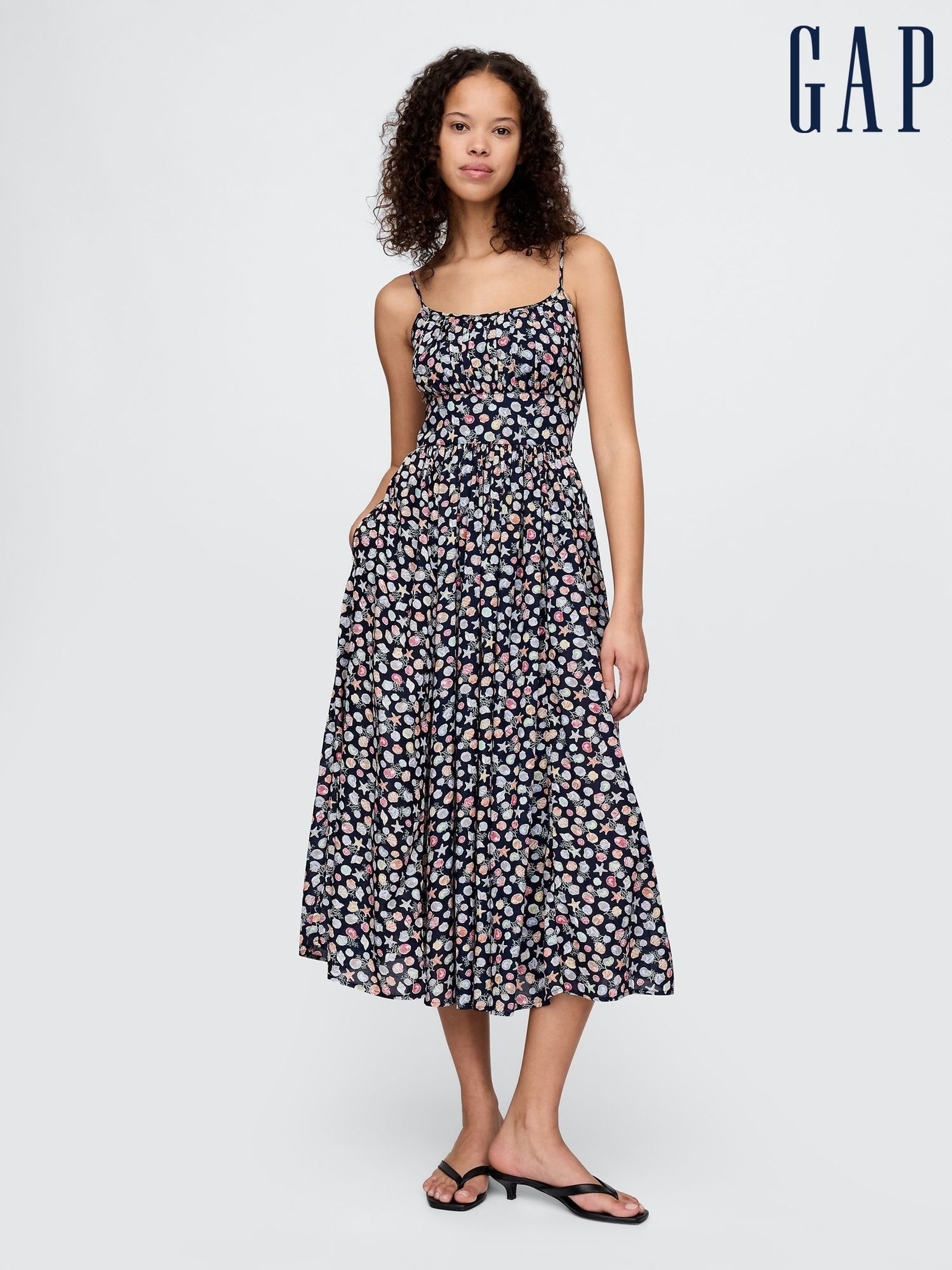 Black Sea Shell Print Tie-Strap Cami Midi Dress (F41719) | £85