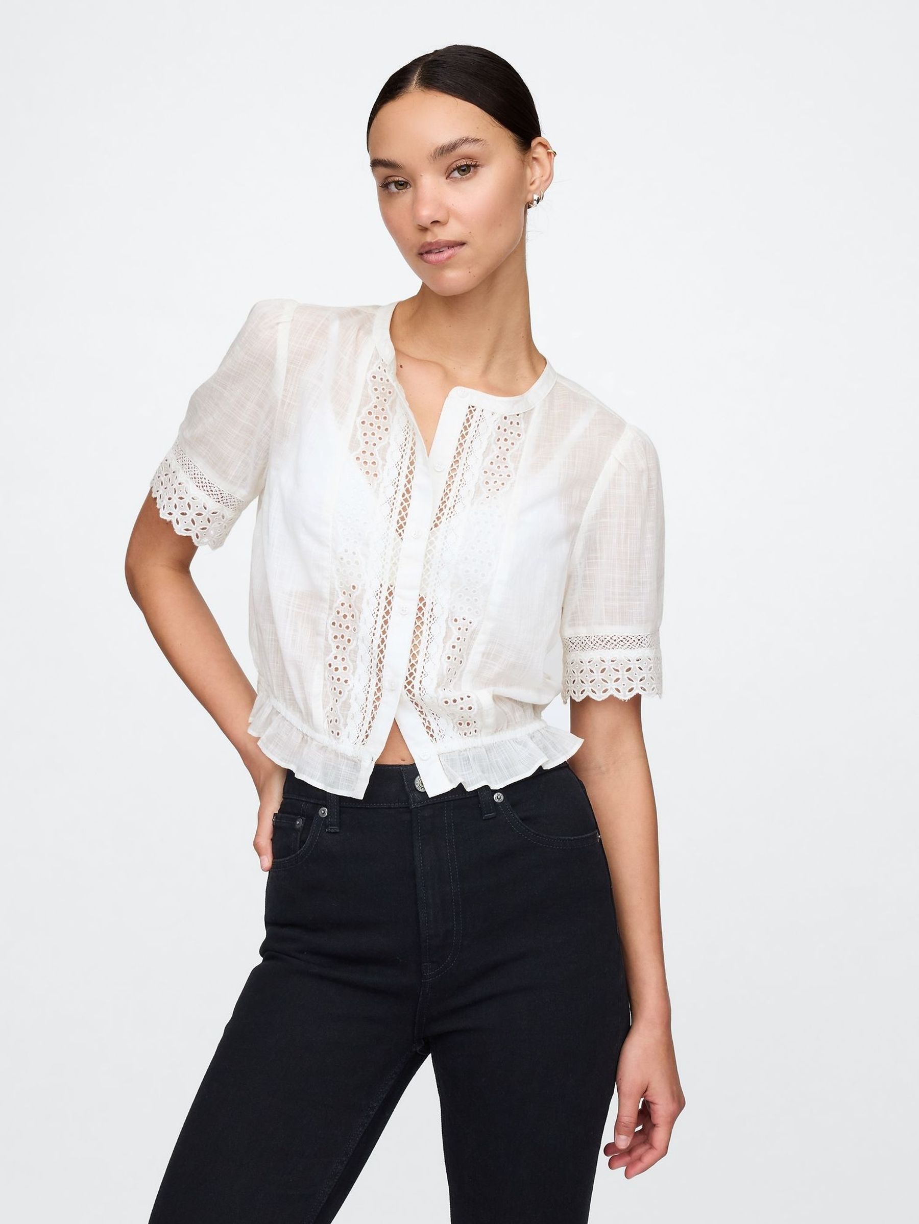 White Cotton Lace-Trim Puff Sleeve Shirt (F41721) | £45