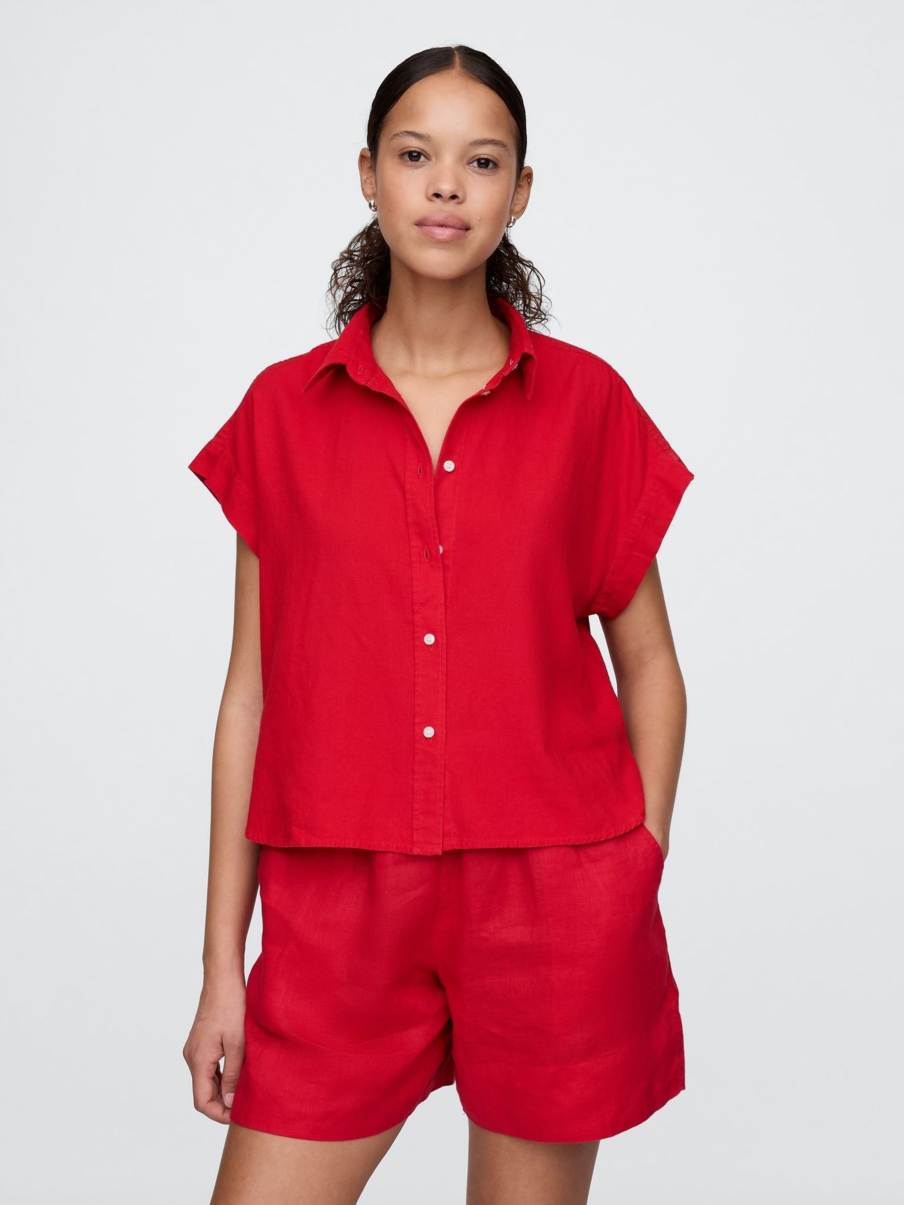 Red Linen-Blend Cropped Shirt (F41722) | £40