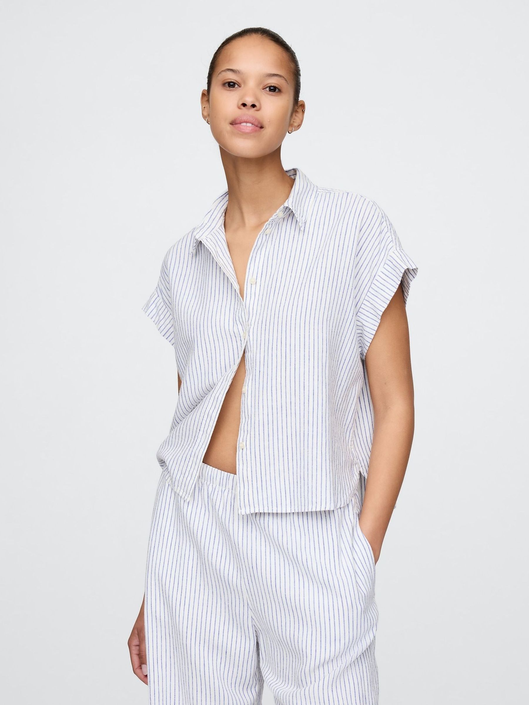 Blue Stripe Linen-Blend Cropped Shirt (F41726) | £40