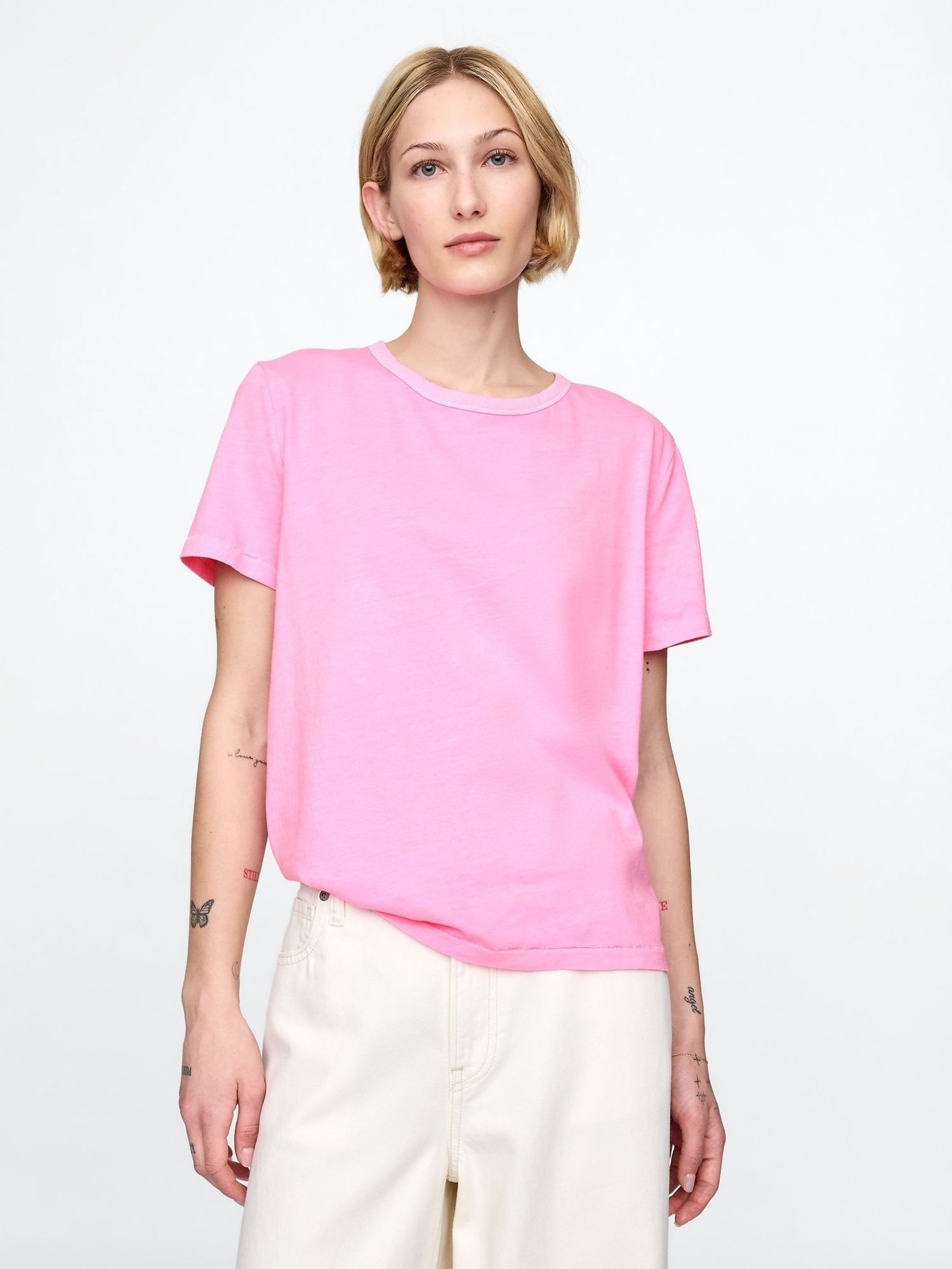 Pink Crew Neck Vintage 100% Organic Cotton Short Sleeve T-Shirt (F41729) | £18