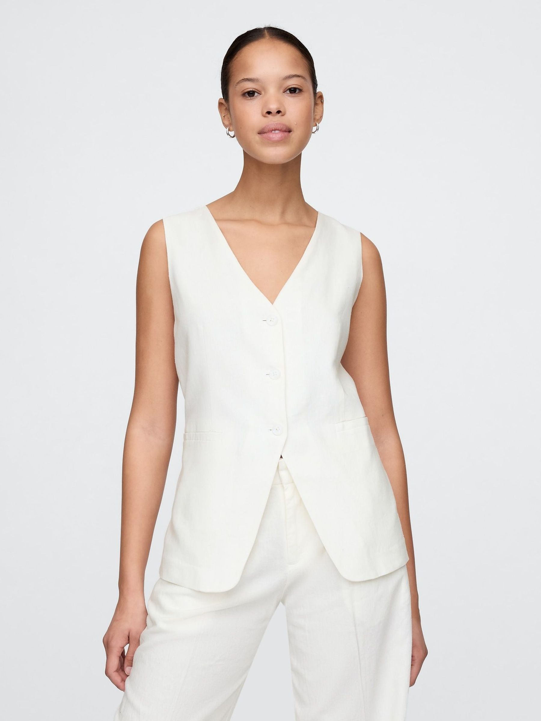 White Heavyweight Linen Blend Longline Waistcoat (F41732) | £60