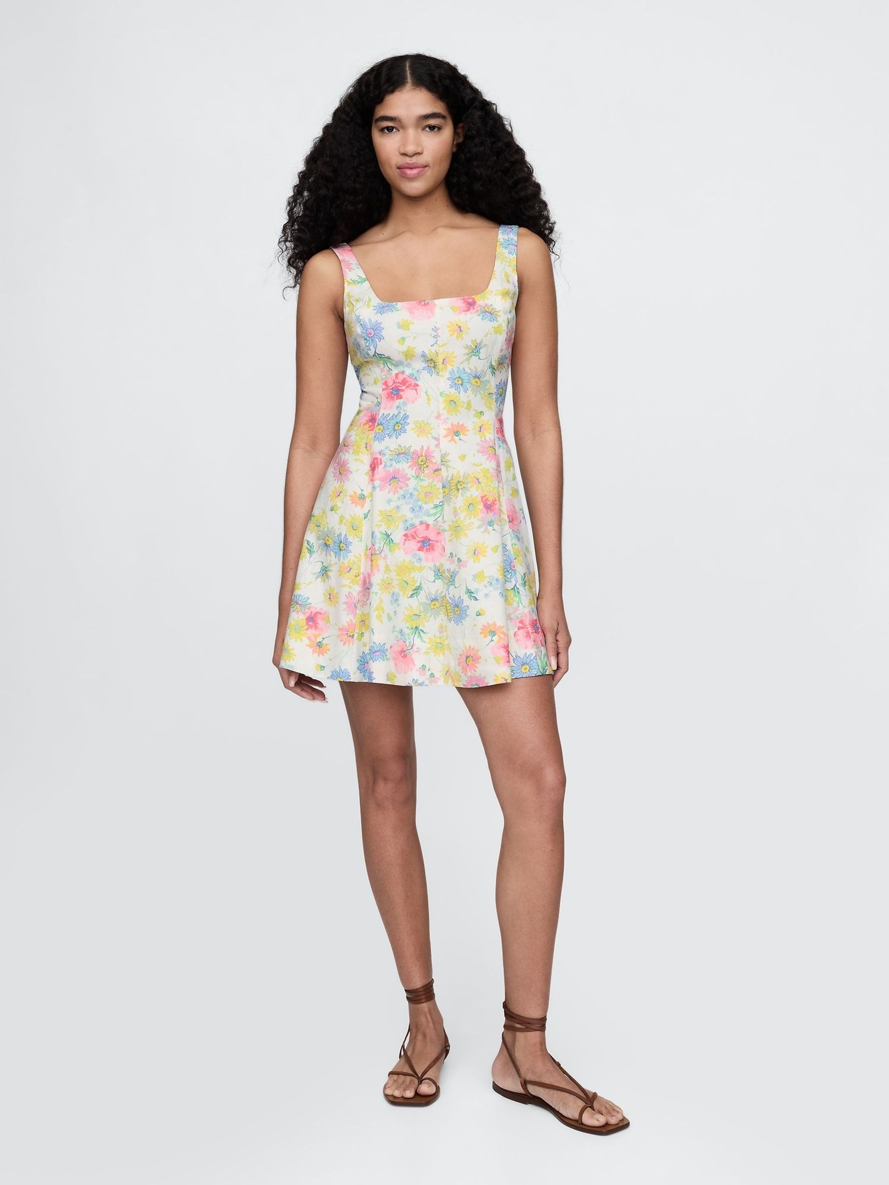 Cream Floral Linen-Blend Mini Dress (F41735) | £75