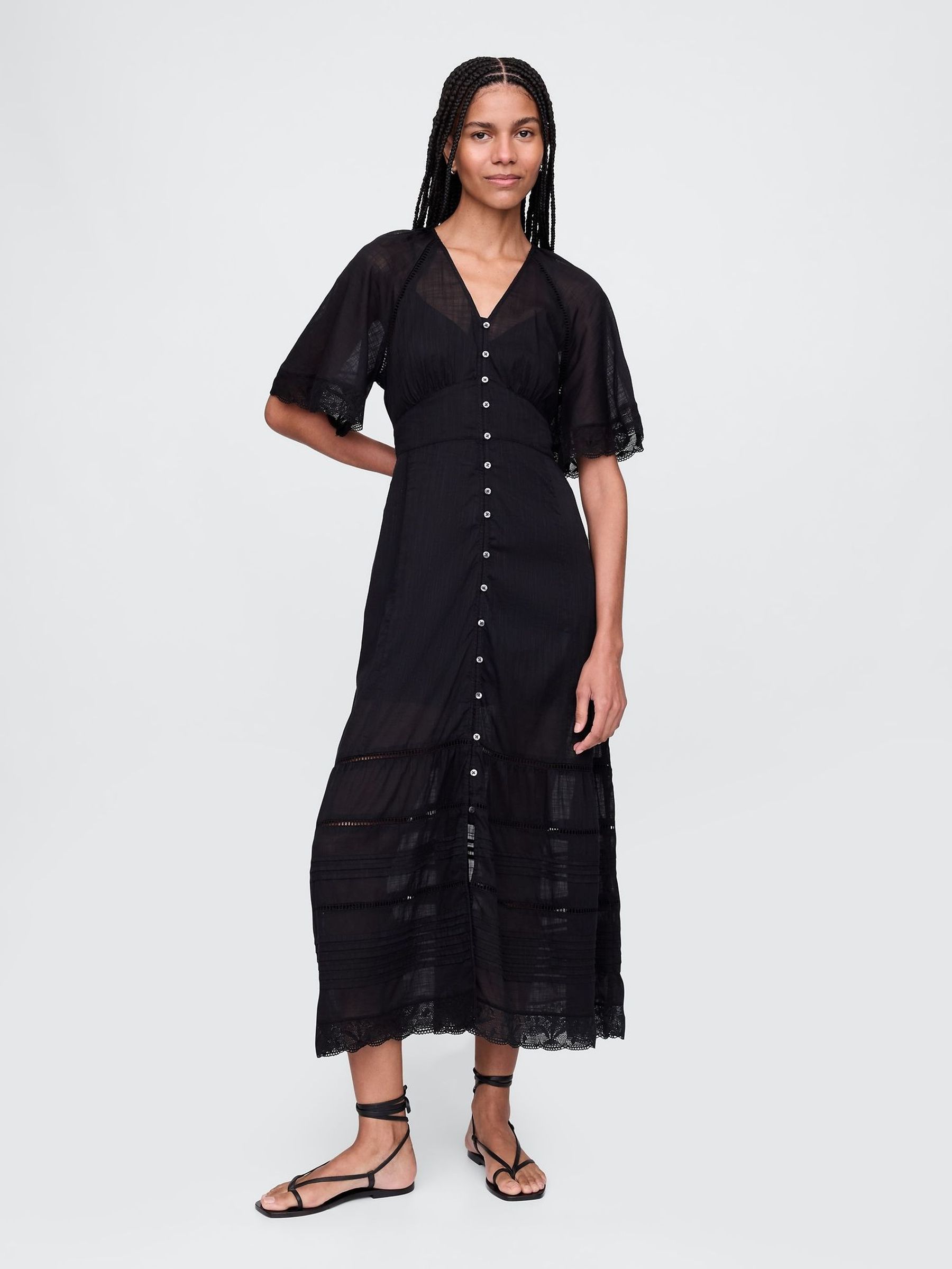 Black 100% Cotton V-Neck Lace-Trim Midi Dress (F41740) | £95