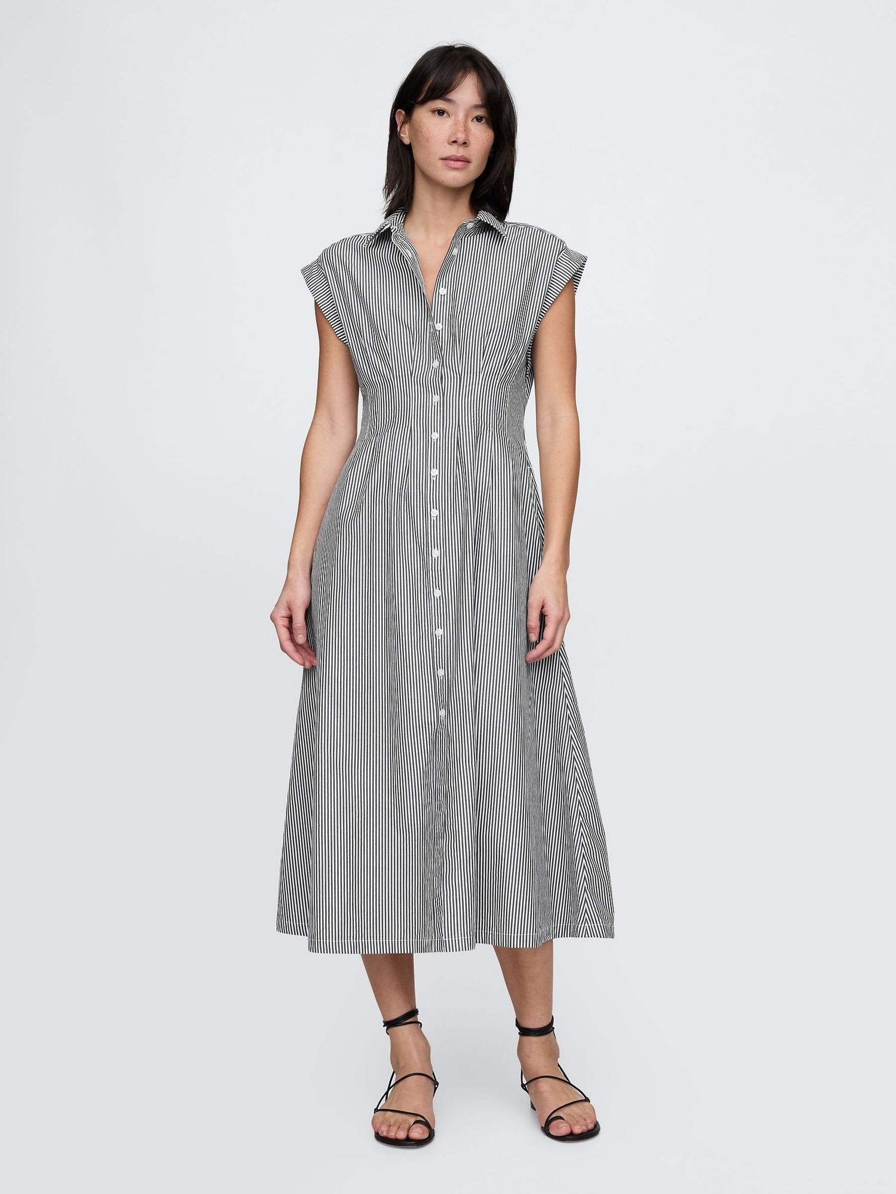 Black Stripe 100% Cotton Poplin Button Front Midi Shirt Dress (F41741) | £65