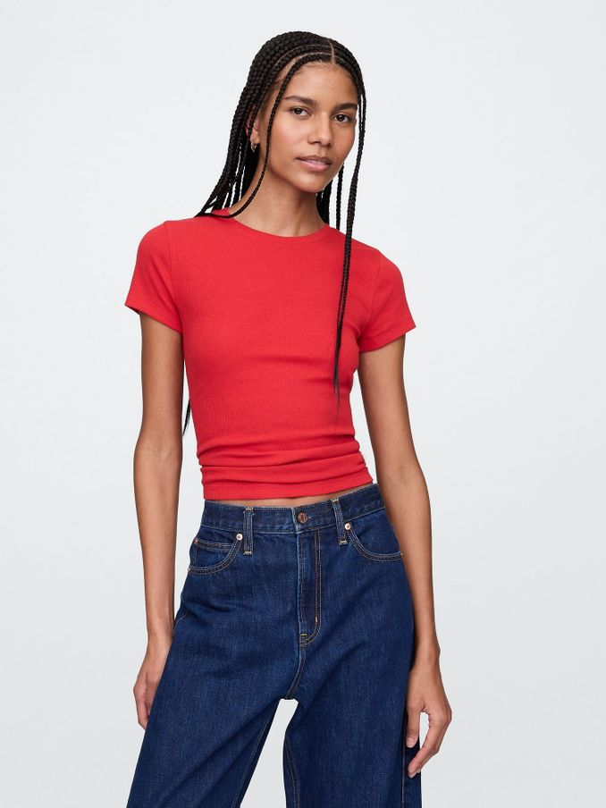 Red Modern Cotton-Modal Short Sleeve Ribbed Cropped T-Shirt (F41755) | £16