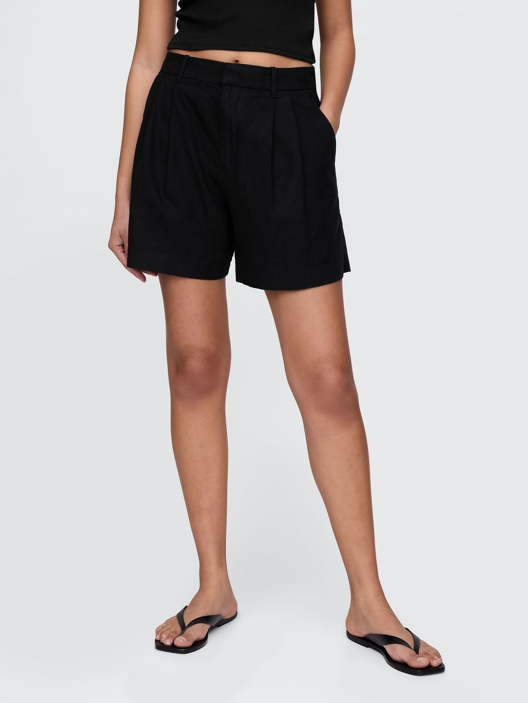 Black Heavyweight High Waisted Linen-Blend Shorts (F41756) | £40