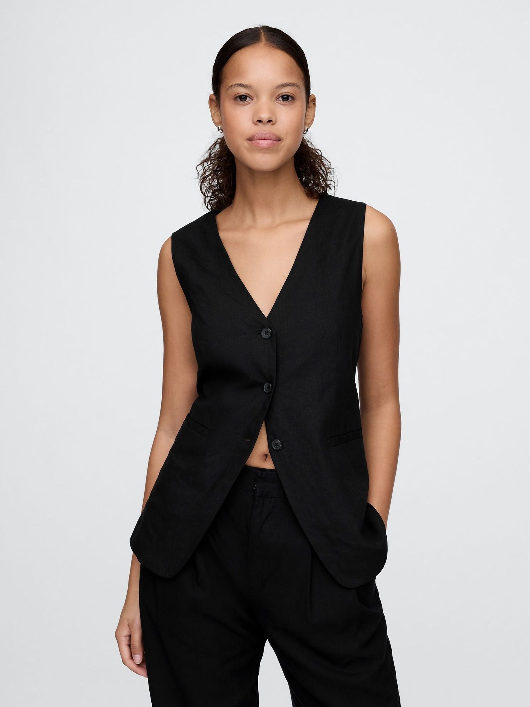 Black Heavyweight Linen Blend Longline Waistcoat (F41759) | £60