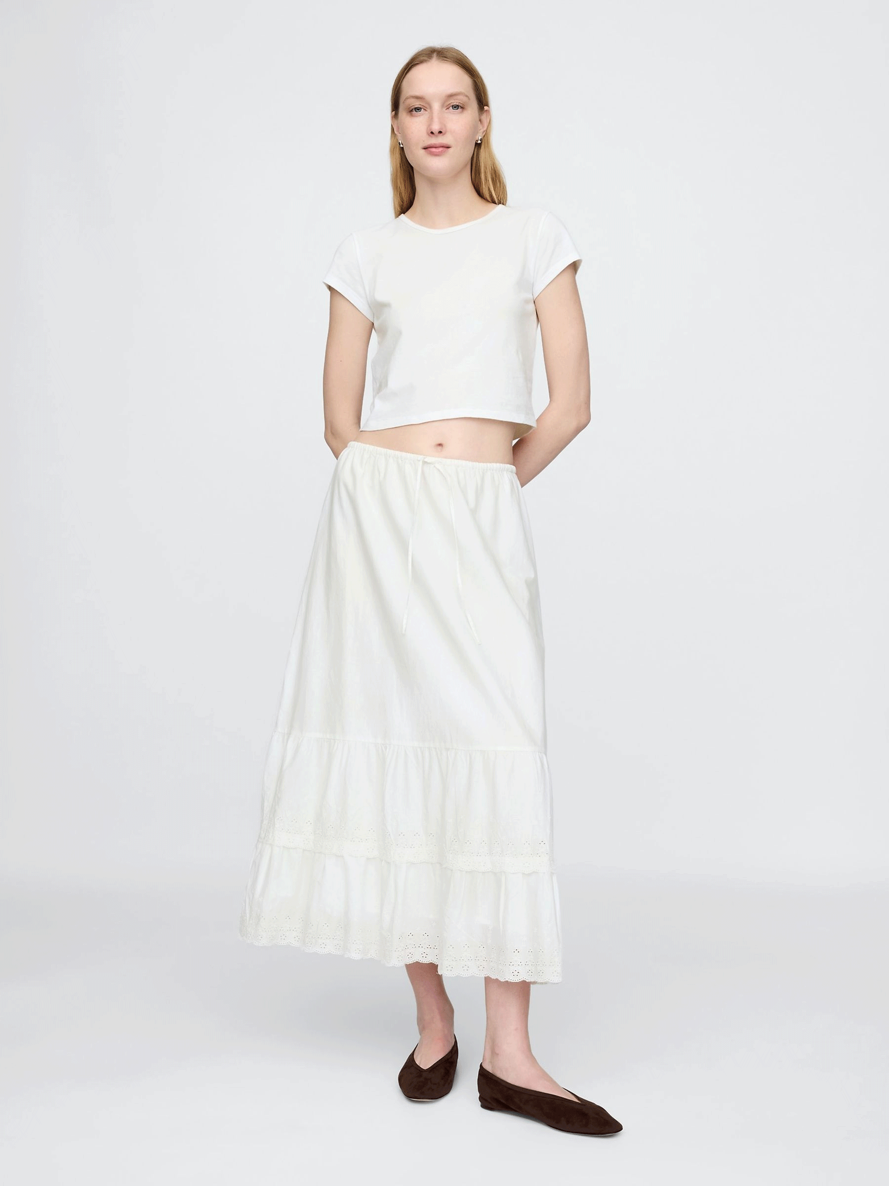 White Cotton Easy Tiered Eyelet Maxi Skirt (F41780) | £50