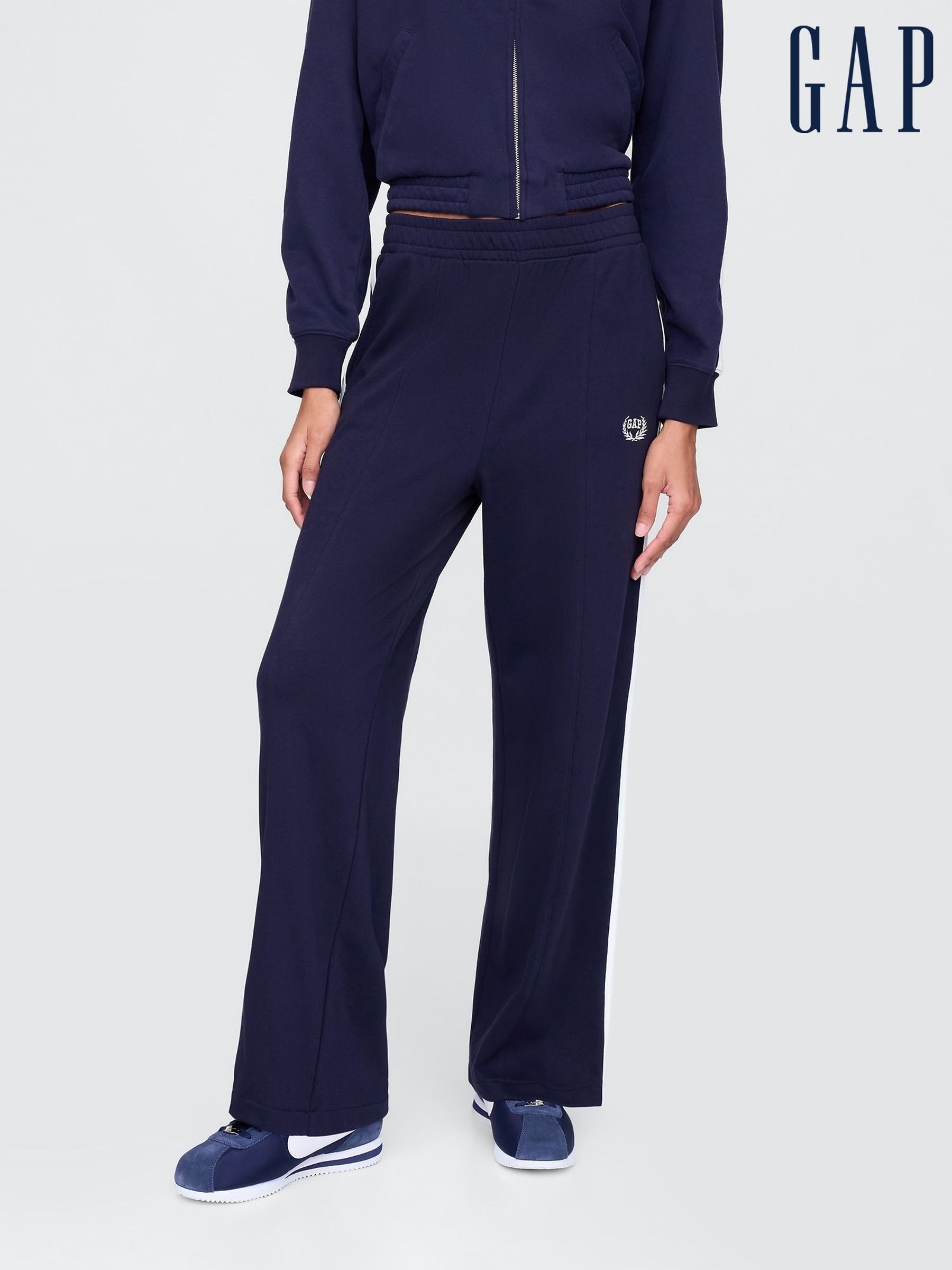 Navy Blue Logo Vintage Fleece-Lined Wide Leg Joggers (F41785) | £35