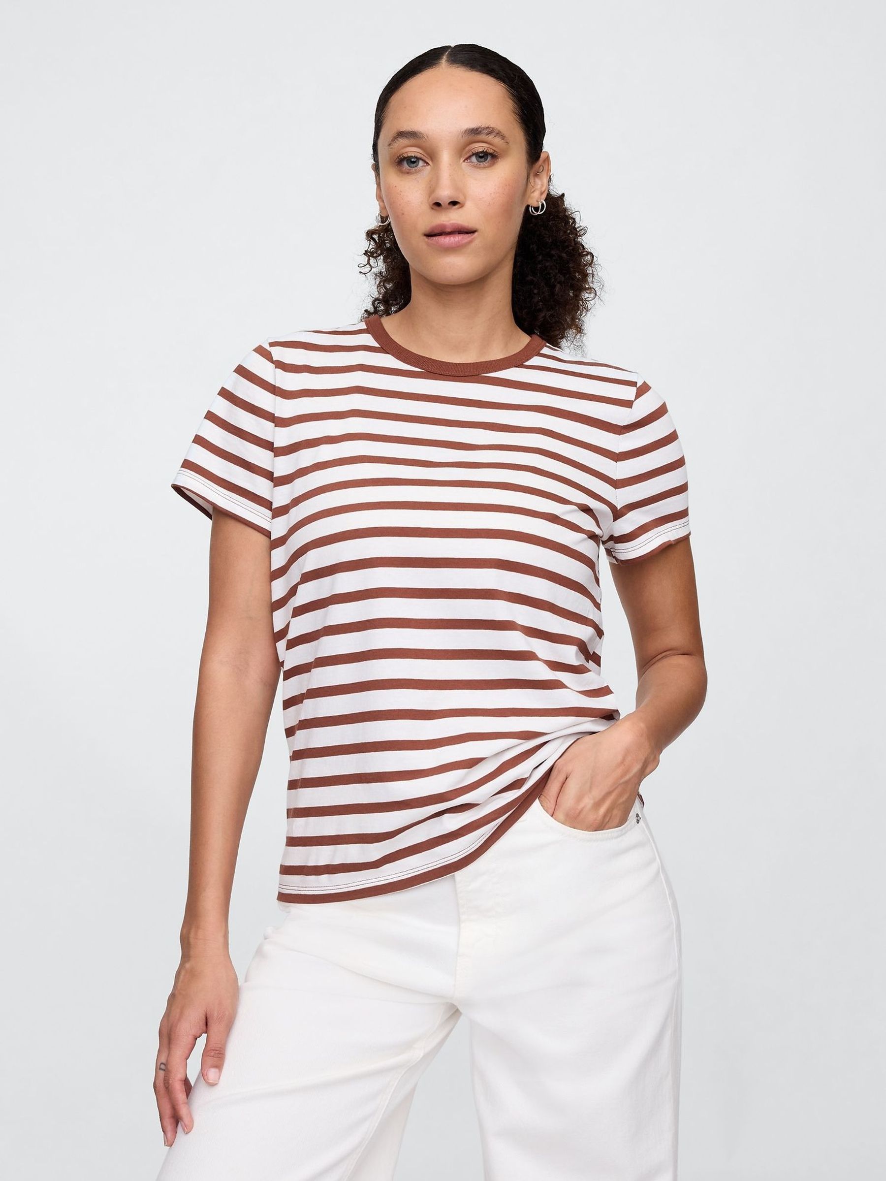 Brown Stripe Crew Neck Favourite Cotton Short Sleeve T-Shirt (F41786) | £14