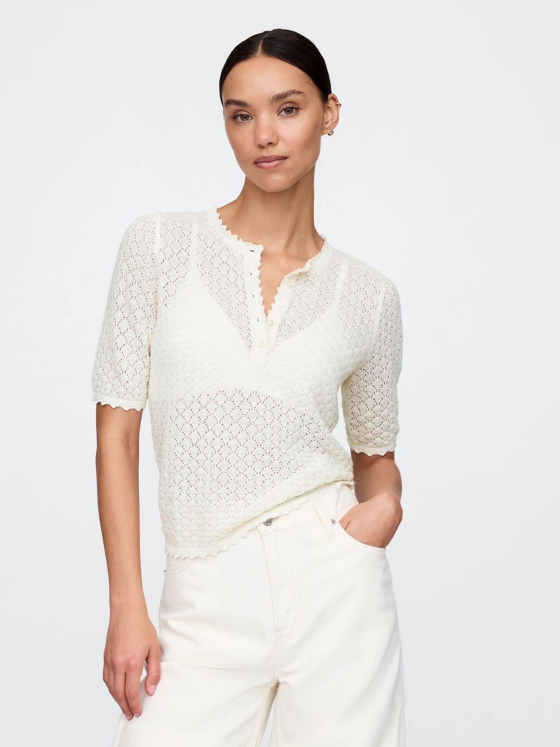 Beige Linen-Blend Pointelle Henley Top (F41799) | £45