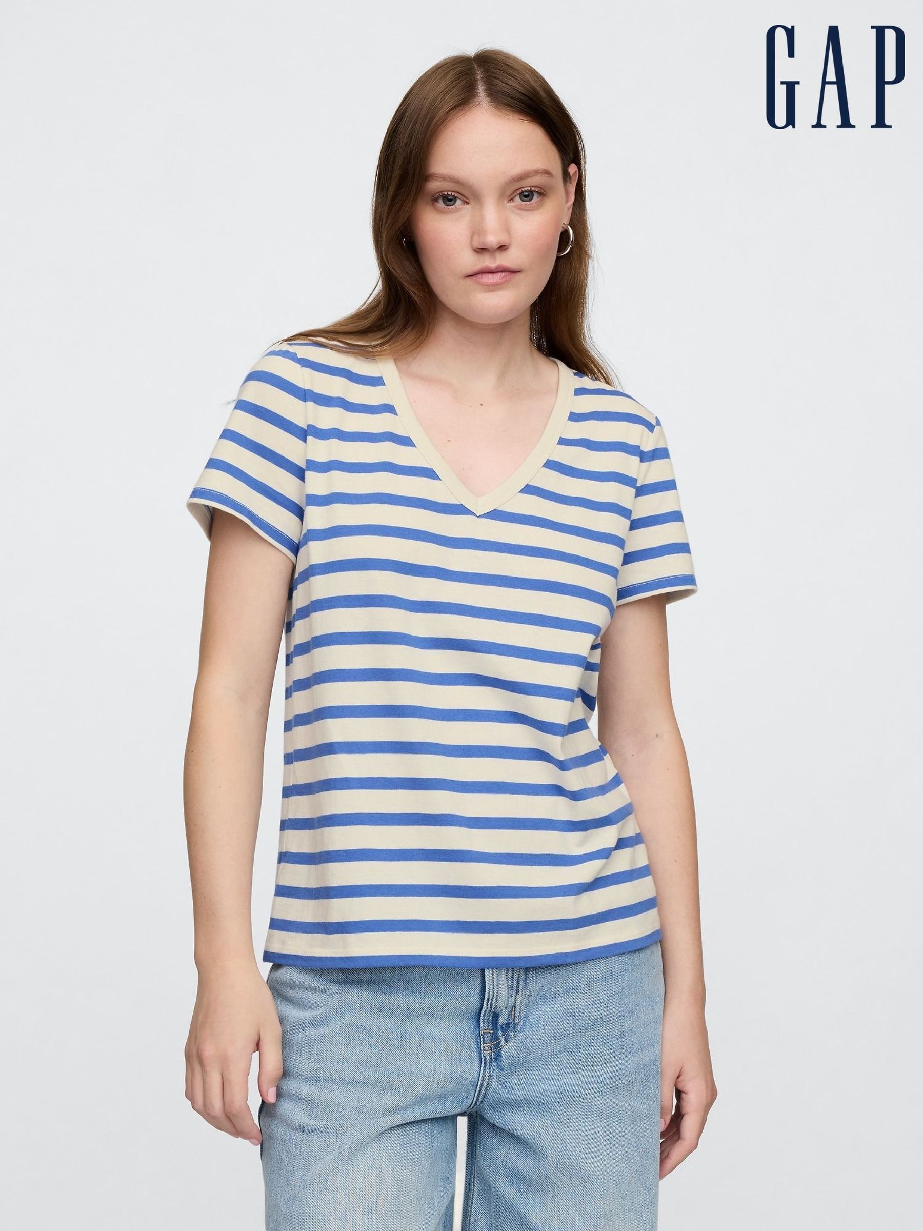 Beige Stripe V-Neck Favourite Cotton Short Sleeve T-Shirt (F41800) | £14