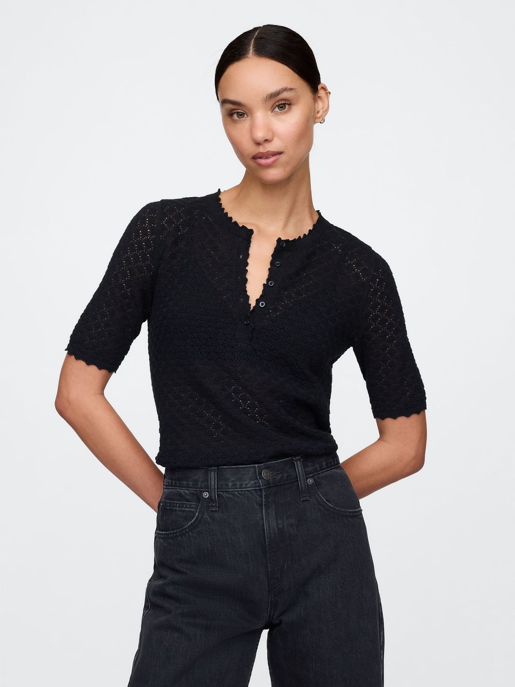 Black Linen-Blend Pointelle Henley Top (F41801) | £45