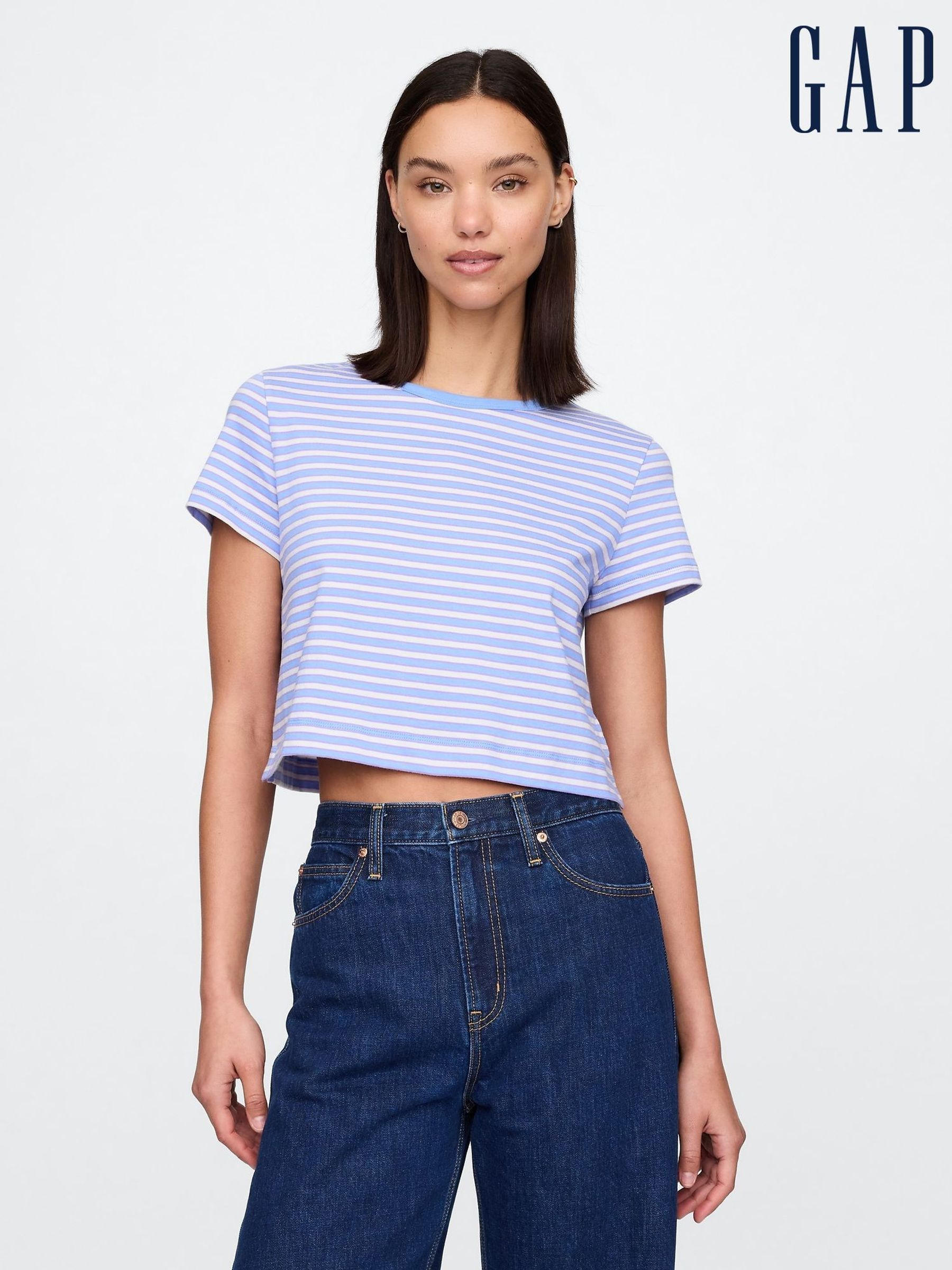 Blue & White Organic Cotton VintageSoft Cropped T-Shirt (F41805) | £18