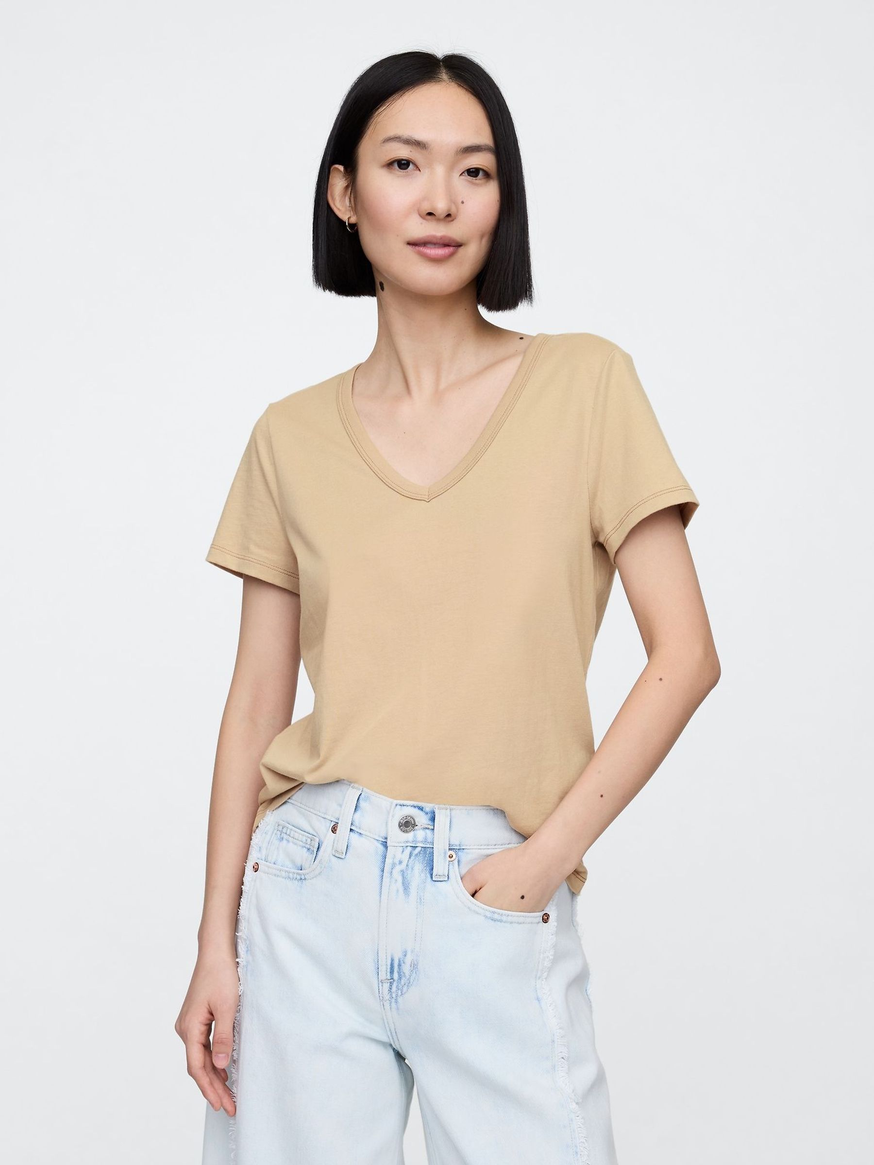 Beige V-Neck Favourite Cotton Short Sleeve T-Shirt (F41810) | £12
