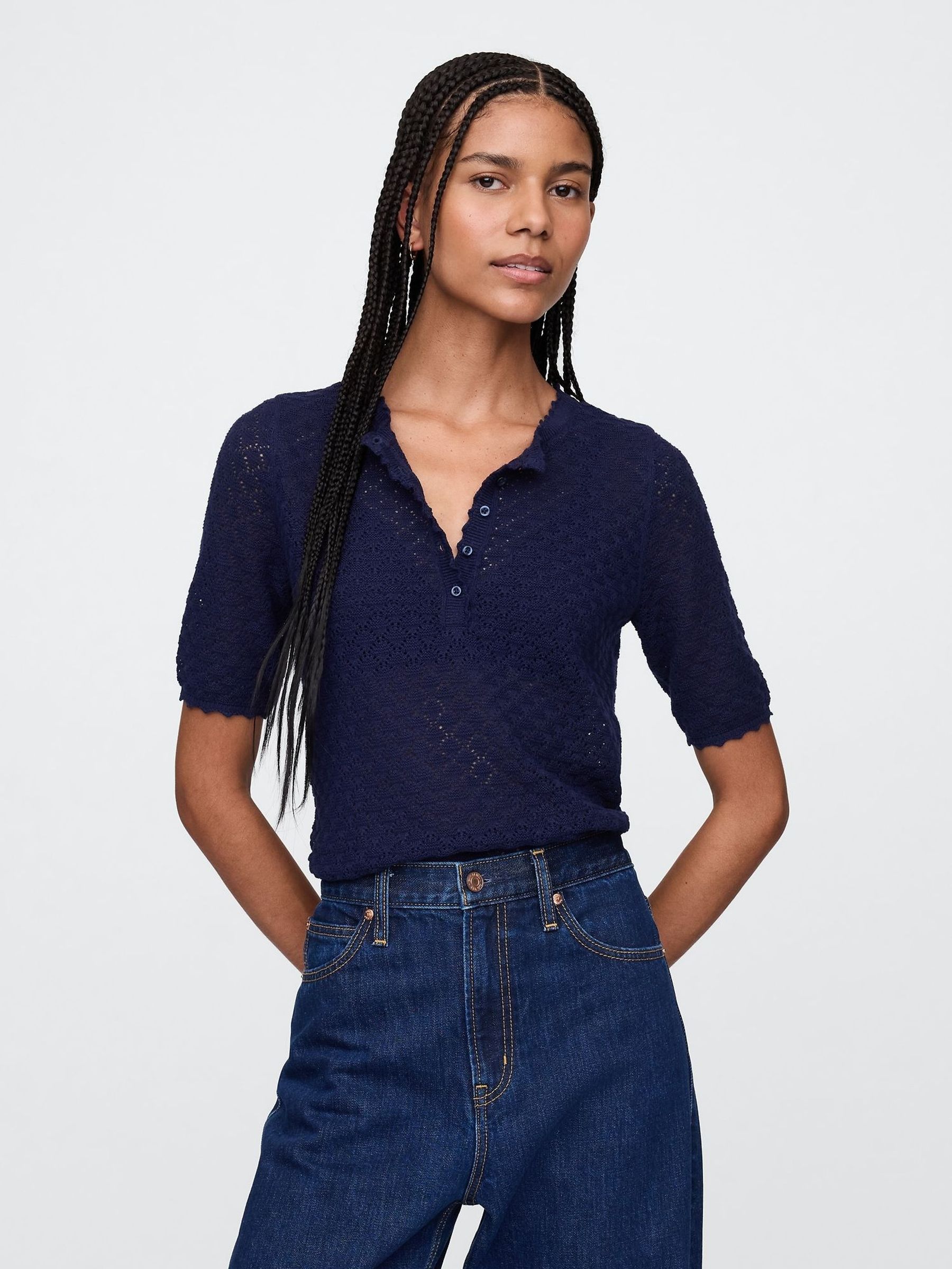 Navy Blue Linen-Blend Pointelle Henley Top (F41822) | £45