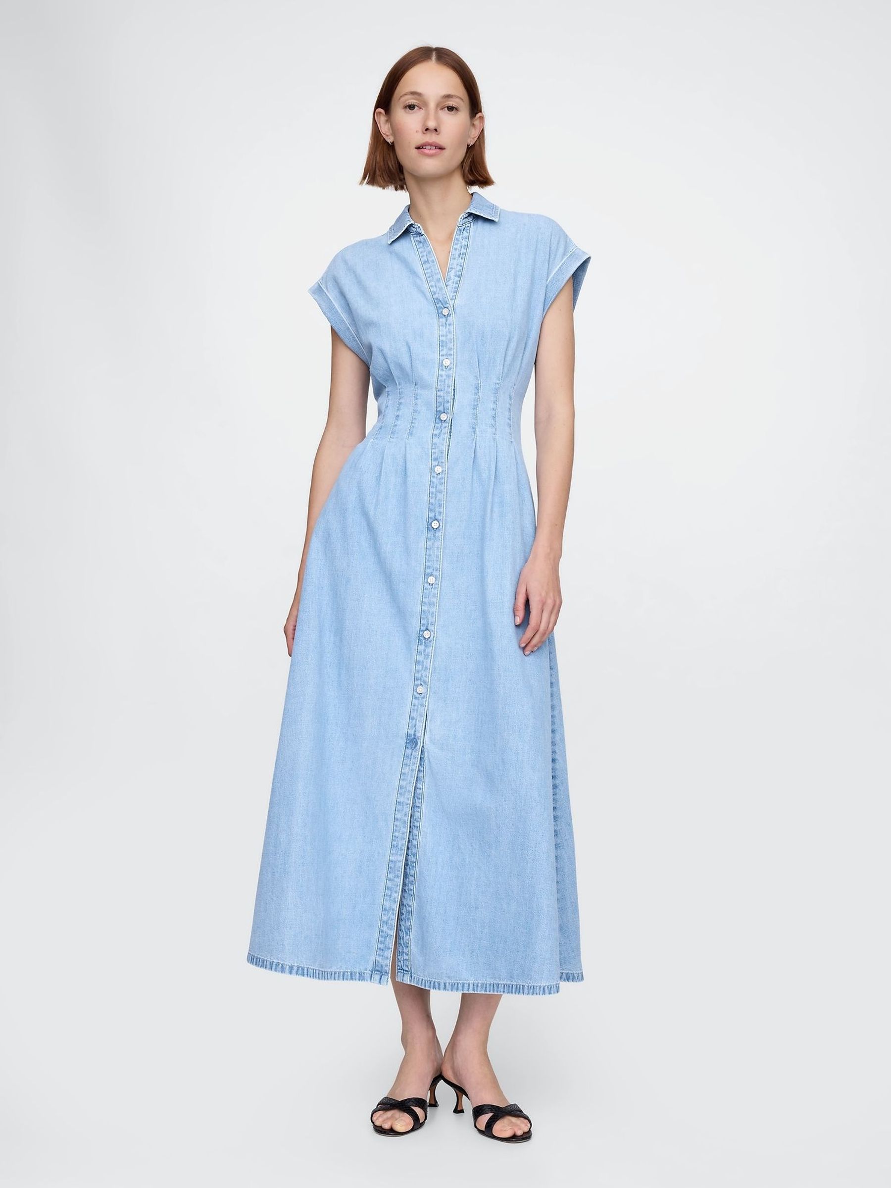 Light Blue Denim Pleated Maxi Shirt Dress (F41828) | £65