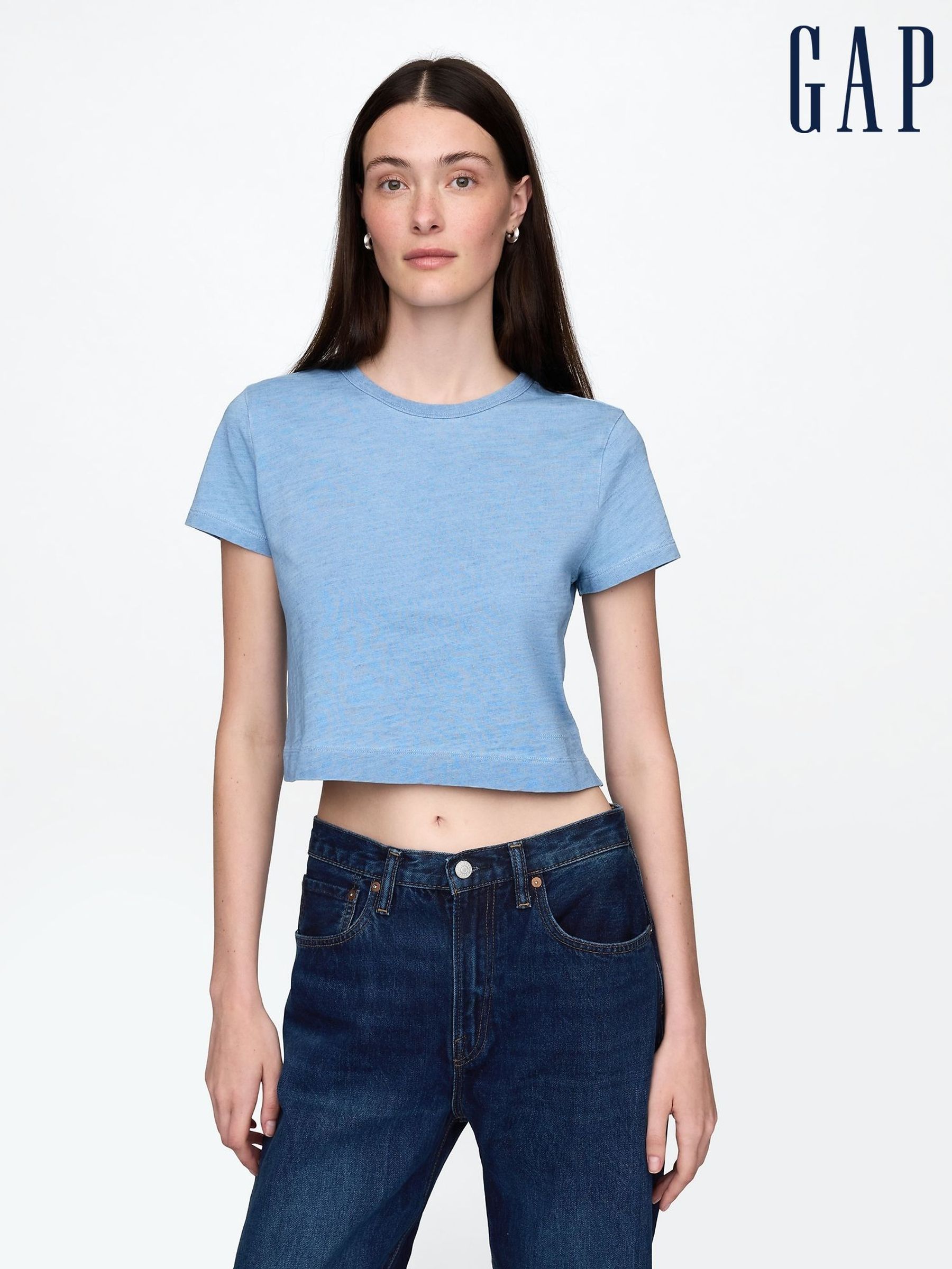 Blue Vintage 100% Organic Cotton Shrunken Cropped T-Shirt (F41832) | £15