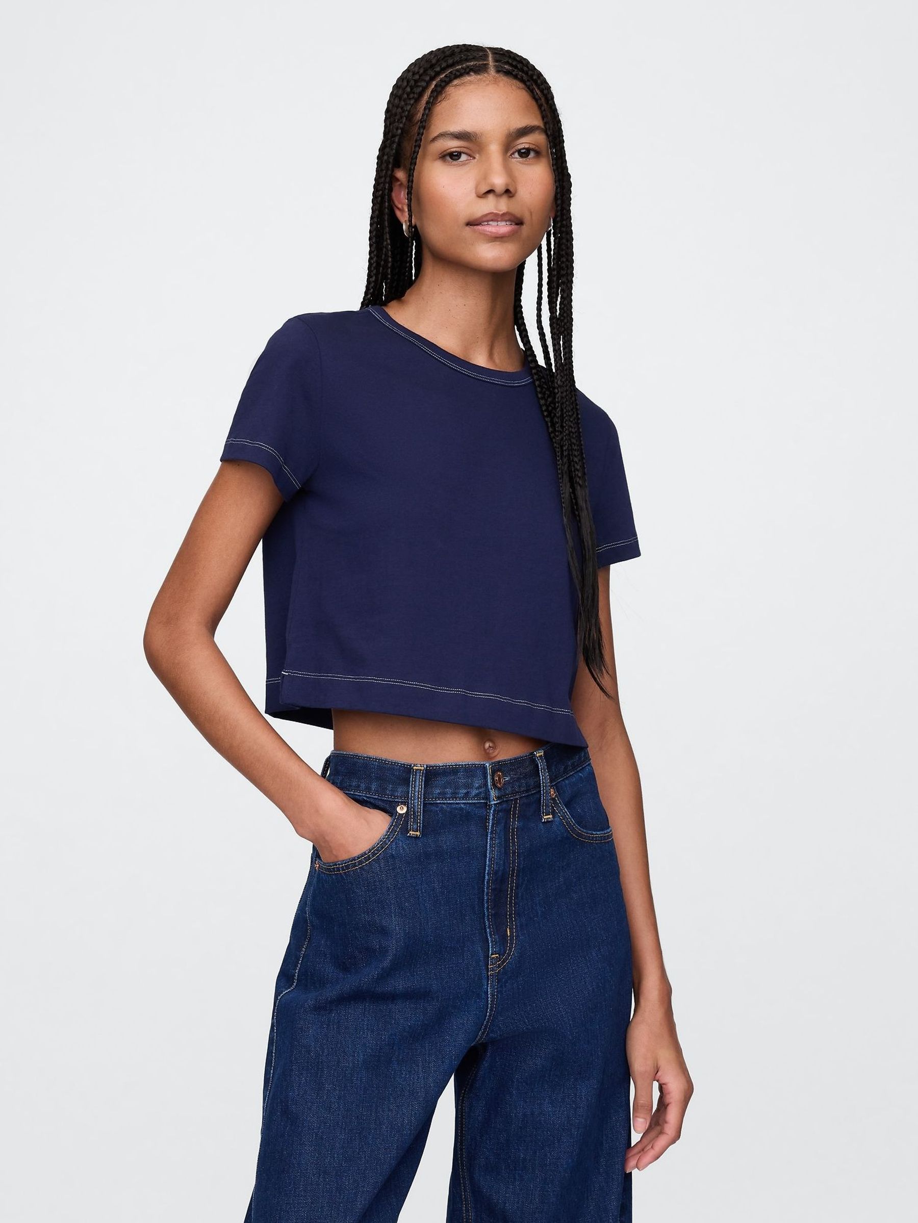 Denim Blue Vintage 100% Organic Cotton Shrunken Cropped T-Shirt (F41842) | £15