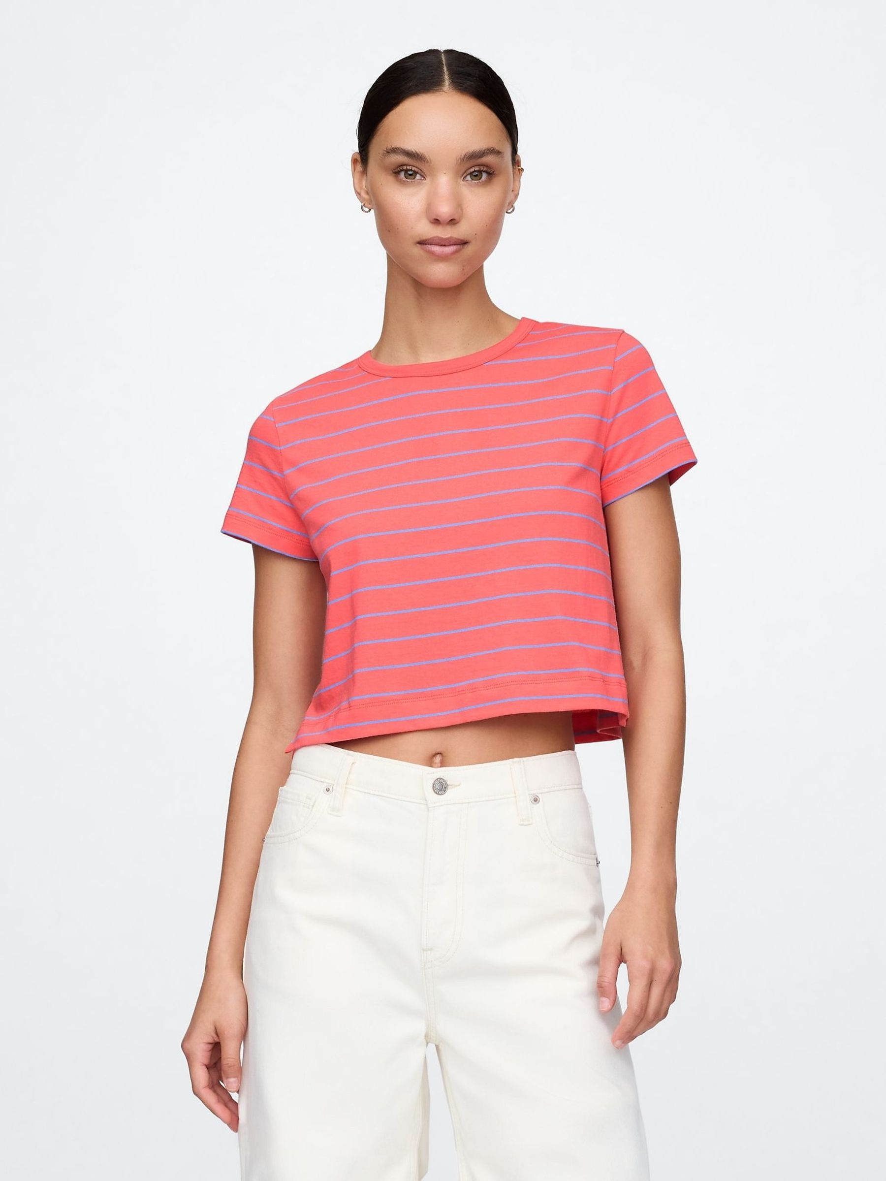 Red & Purple Vintage Cotton Cropped Striped T-Shirt (F41845) | £18