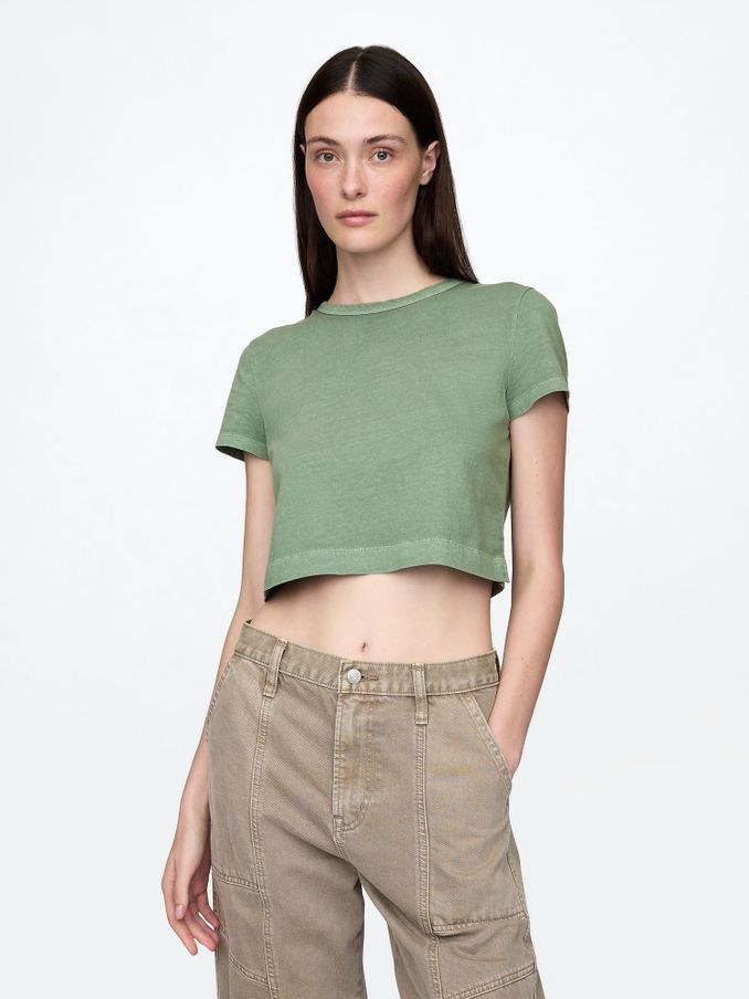 Green Vintage 100% Organic Cotton Shrunken Cropped T-Shirt (F41850) | £15