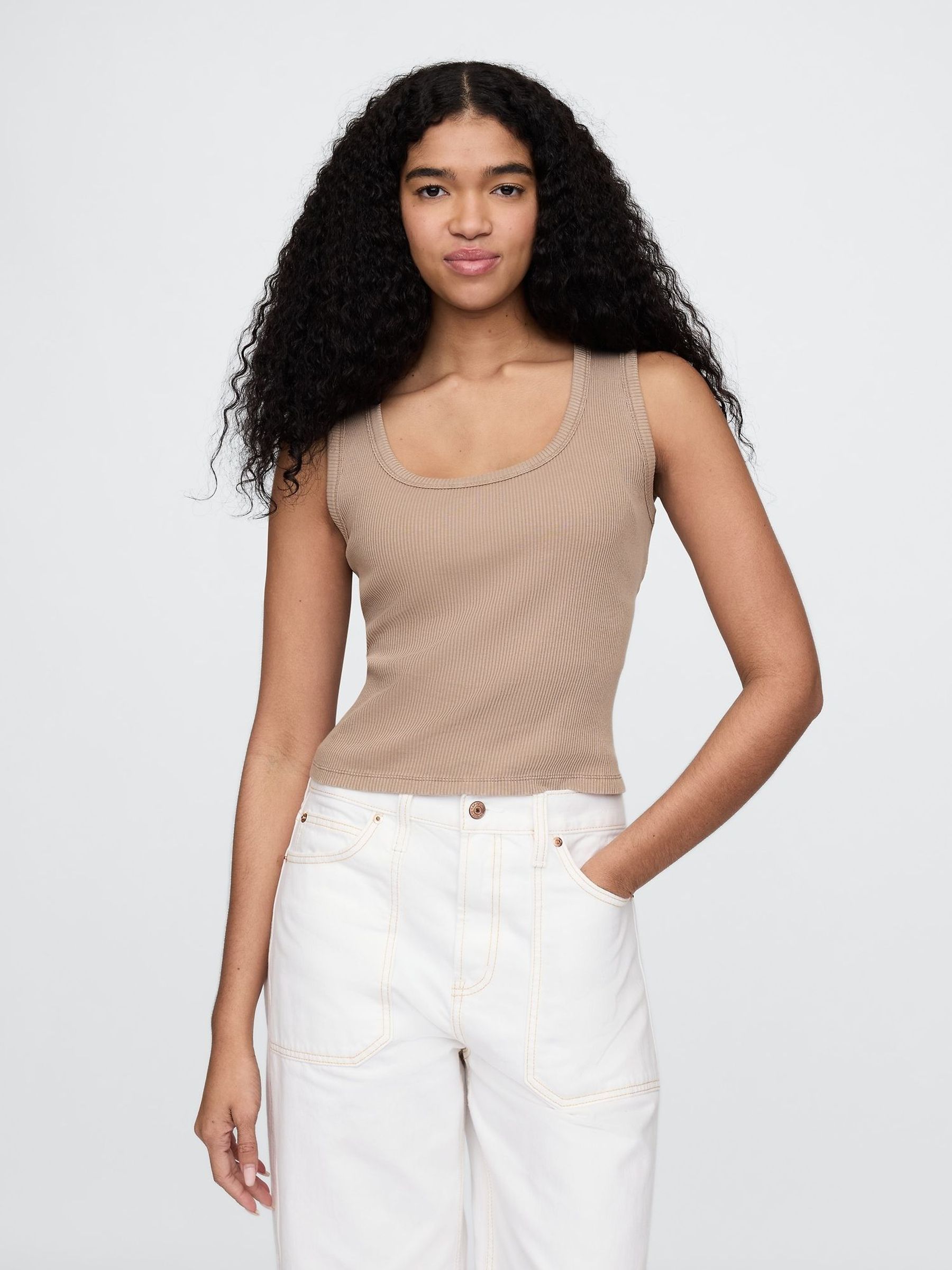 Brown Ribbed Knit Cotton Stretch Scoop Vest (F42005) | £16