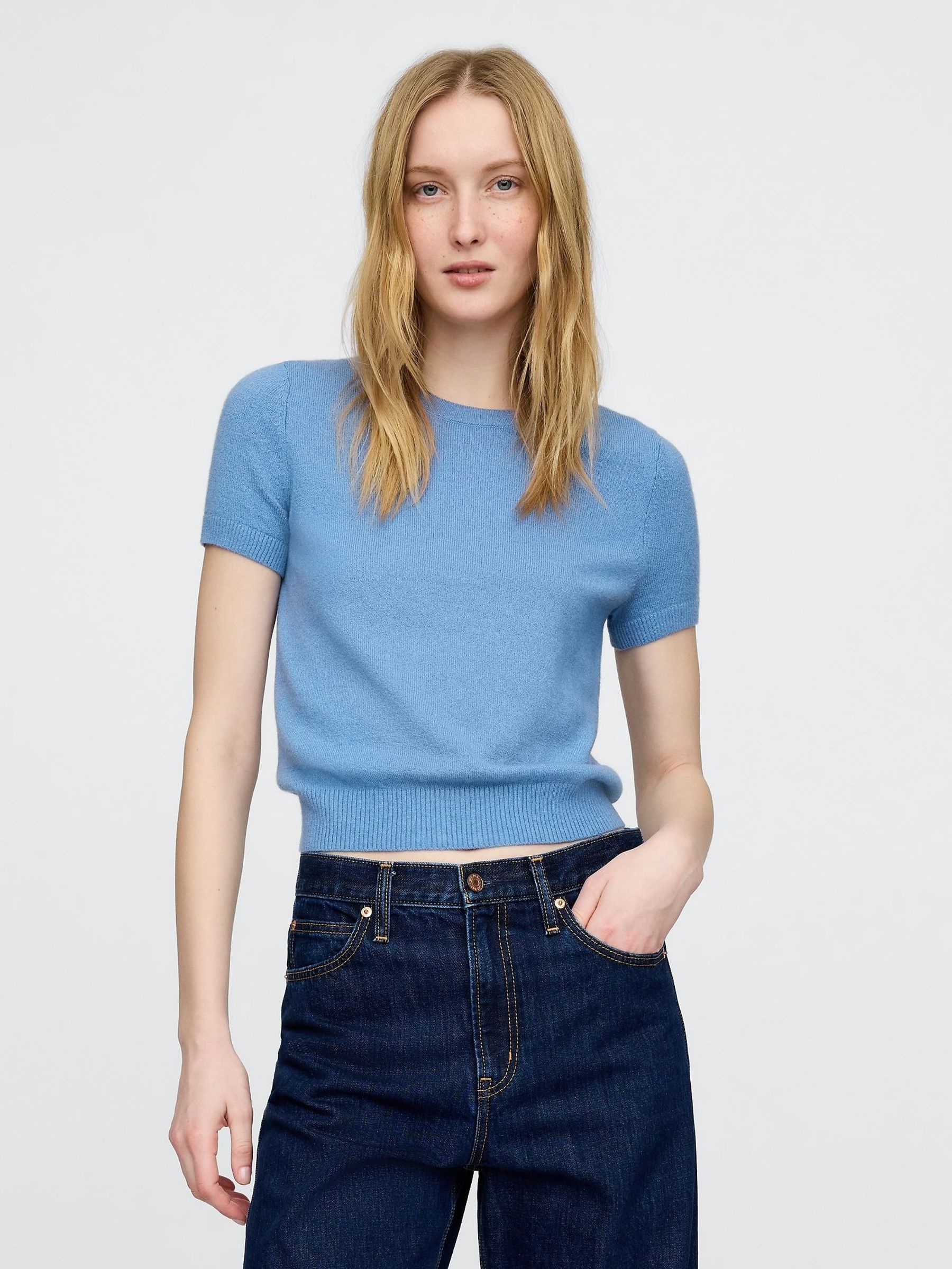 Blue CashSoft Short Sleeve Crew Neck Knit Top (F42013) | £25